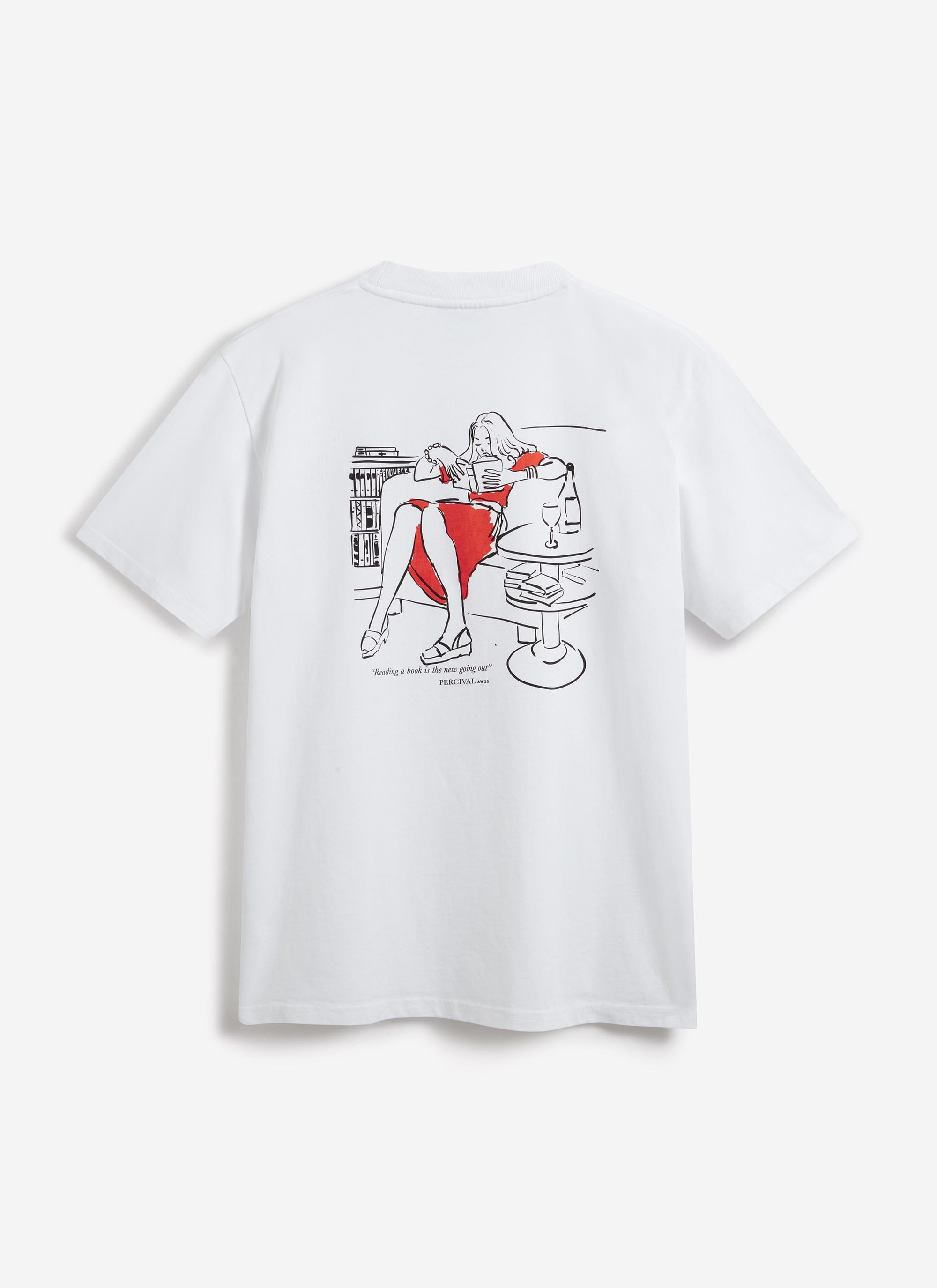 Back of the white Percival Greatest Bookshop t-shirt with its embroidered graphic of a woman reading.