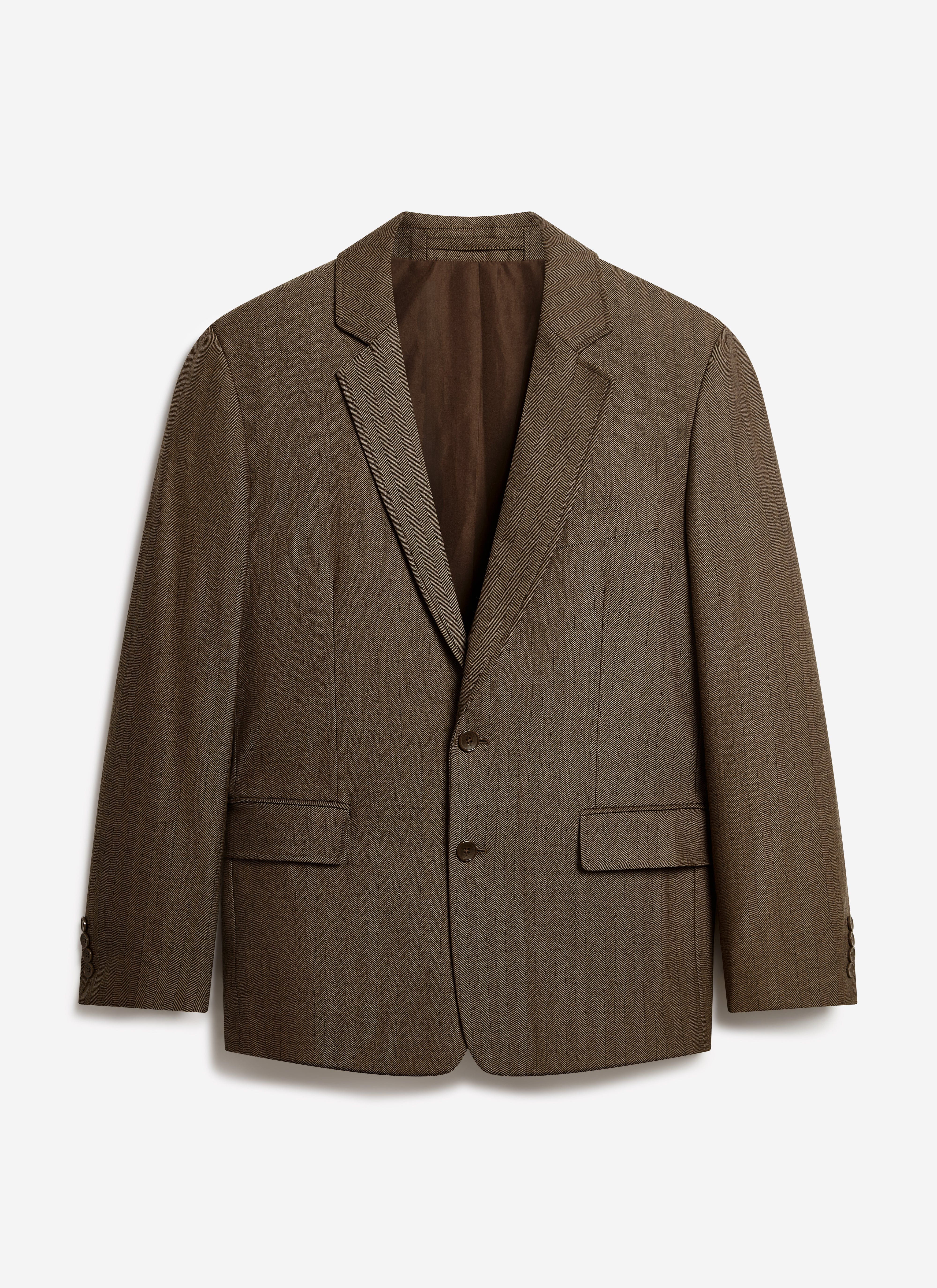 The Percival Grounds Tailored Blazer in oak herringbone wool, laid flat against a clean white background.