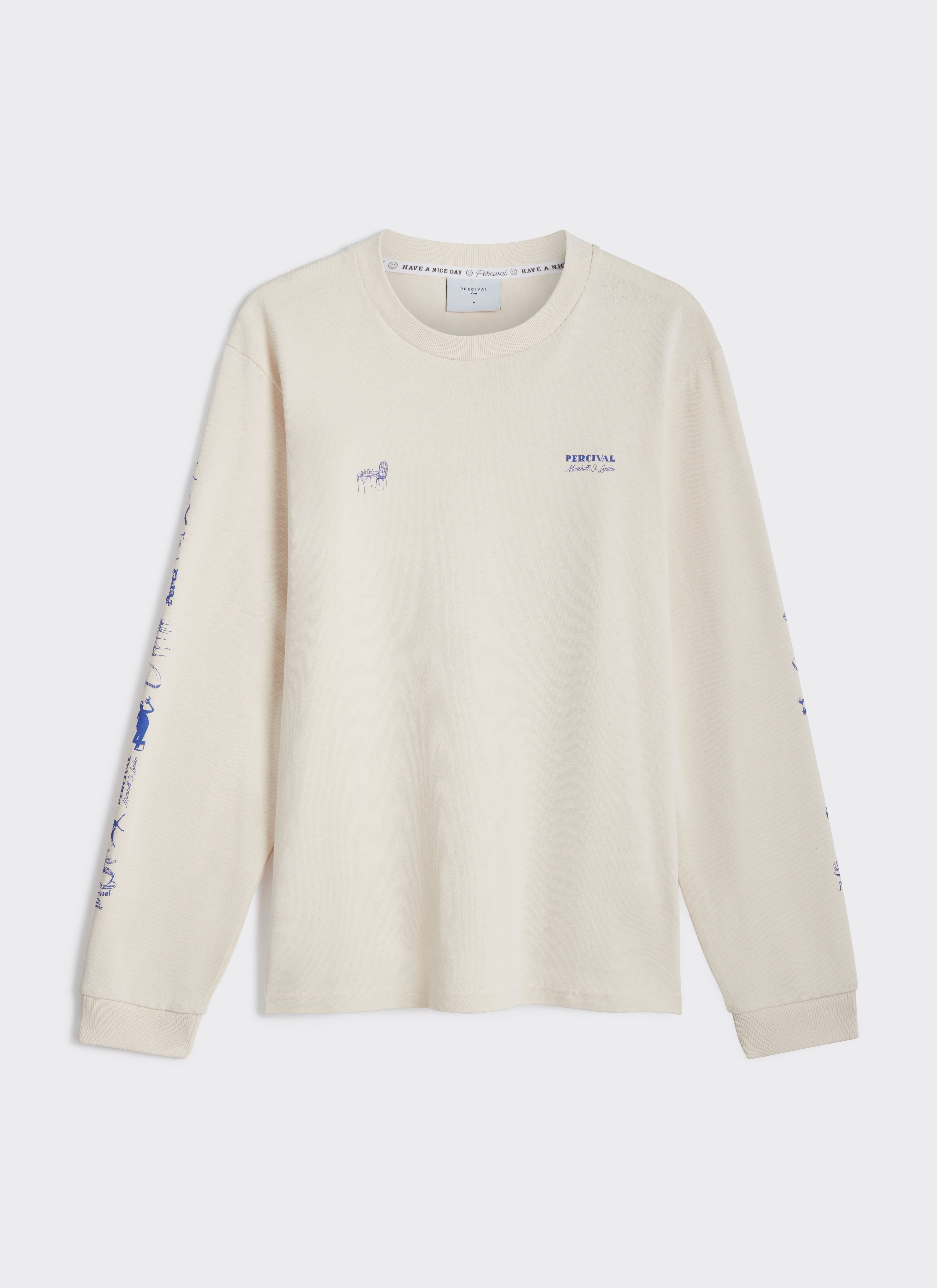 A flat lay of the Percival Harlow Fine Wines Long Sleeve T Shirt in cream, showing blue graphics on the chest and sleeves.