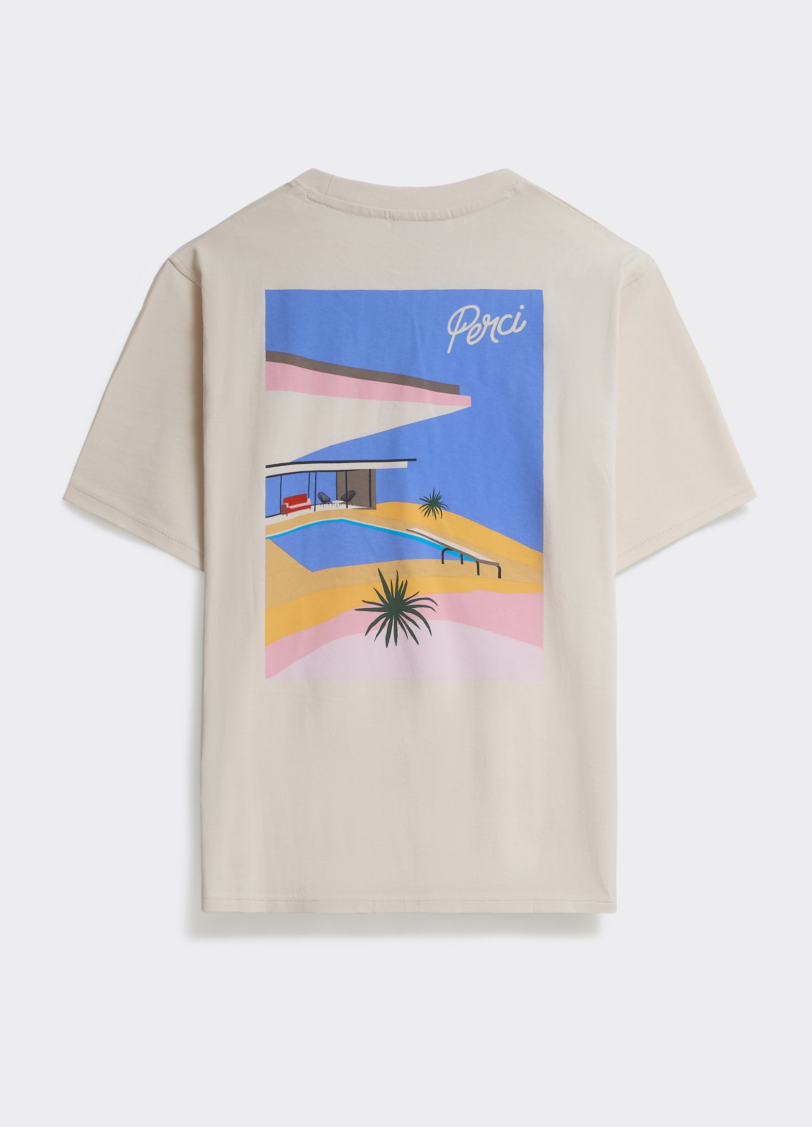 The off-white Percival Hills T-shirt featuring a colourful mid-century poolside panorama graphic on the back.