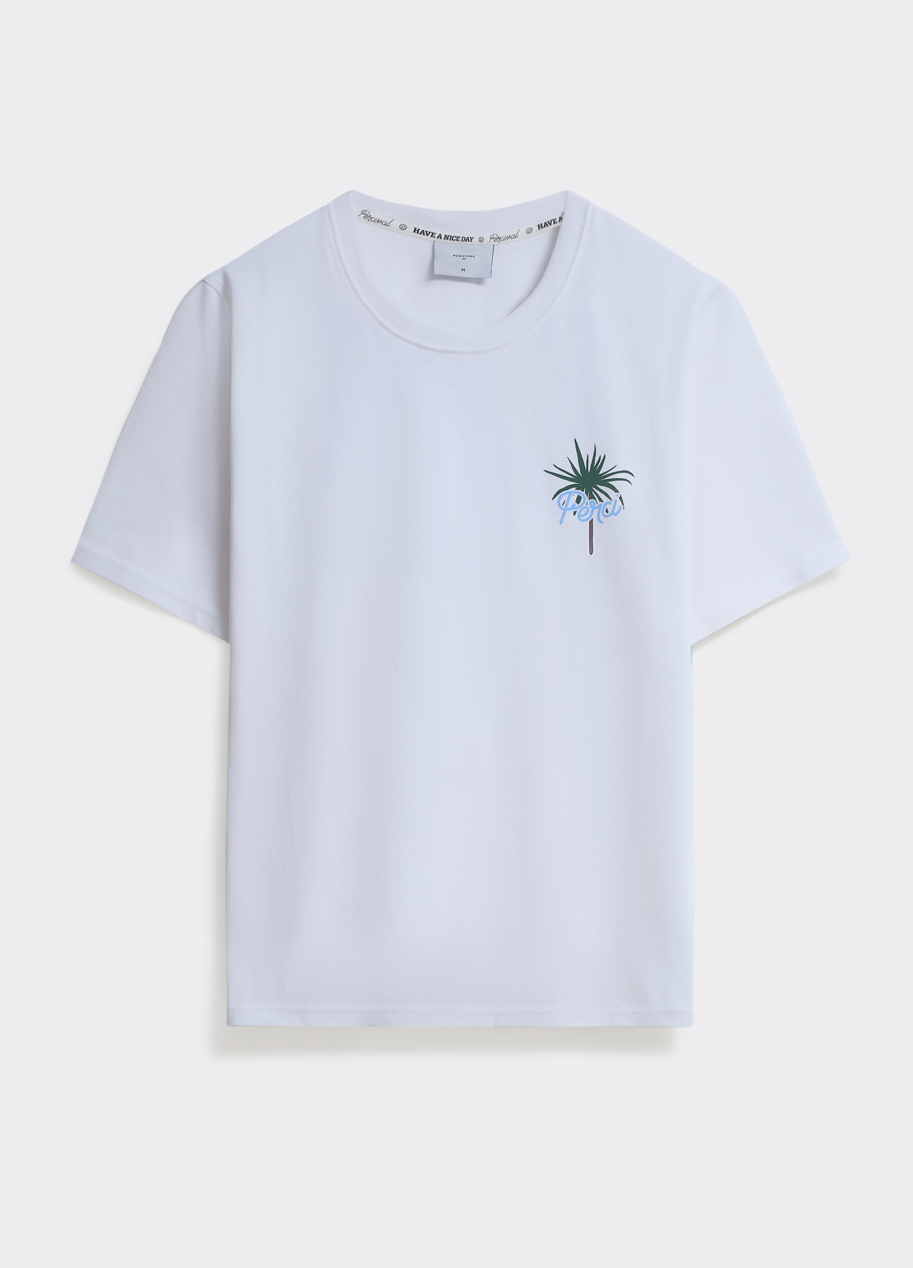 The optic white Percival Hocko T Shirt in cotton jersey, featuring a palm tree chest graphic, shown on a plain background.
