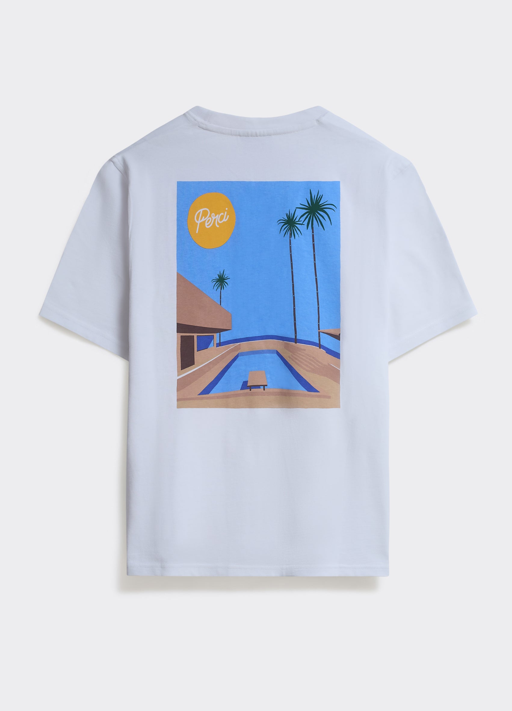 The Percival Hocko T Shirt in white cotton, featuring a large poolside villa and palm tree graphic on the back.