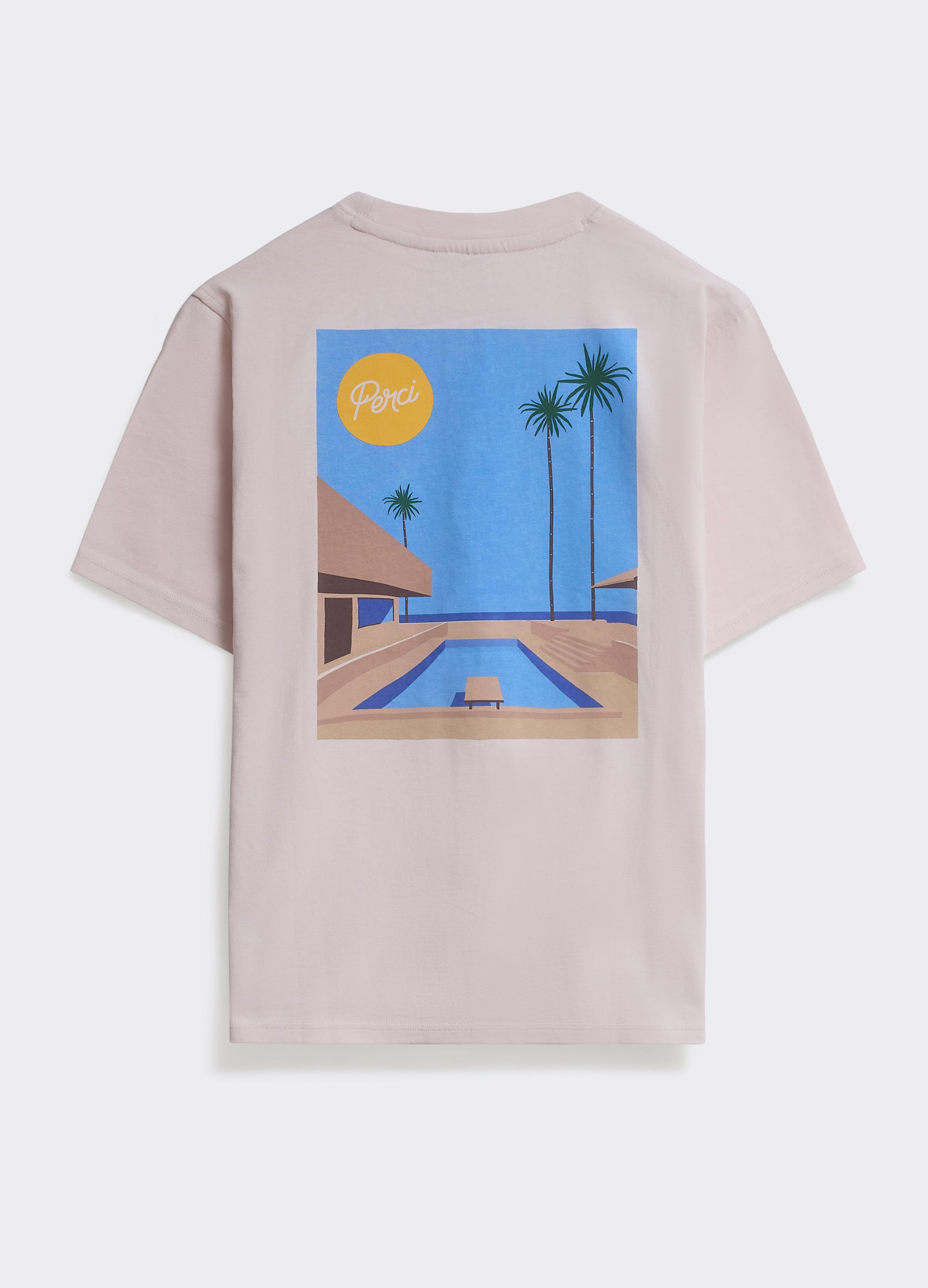 The pink Percival Hocko T Shirt in cotton jersey, featuring a large poolside postcard graphic on the back.