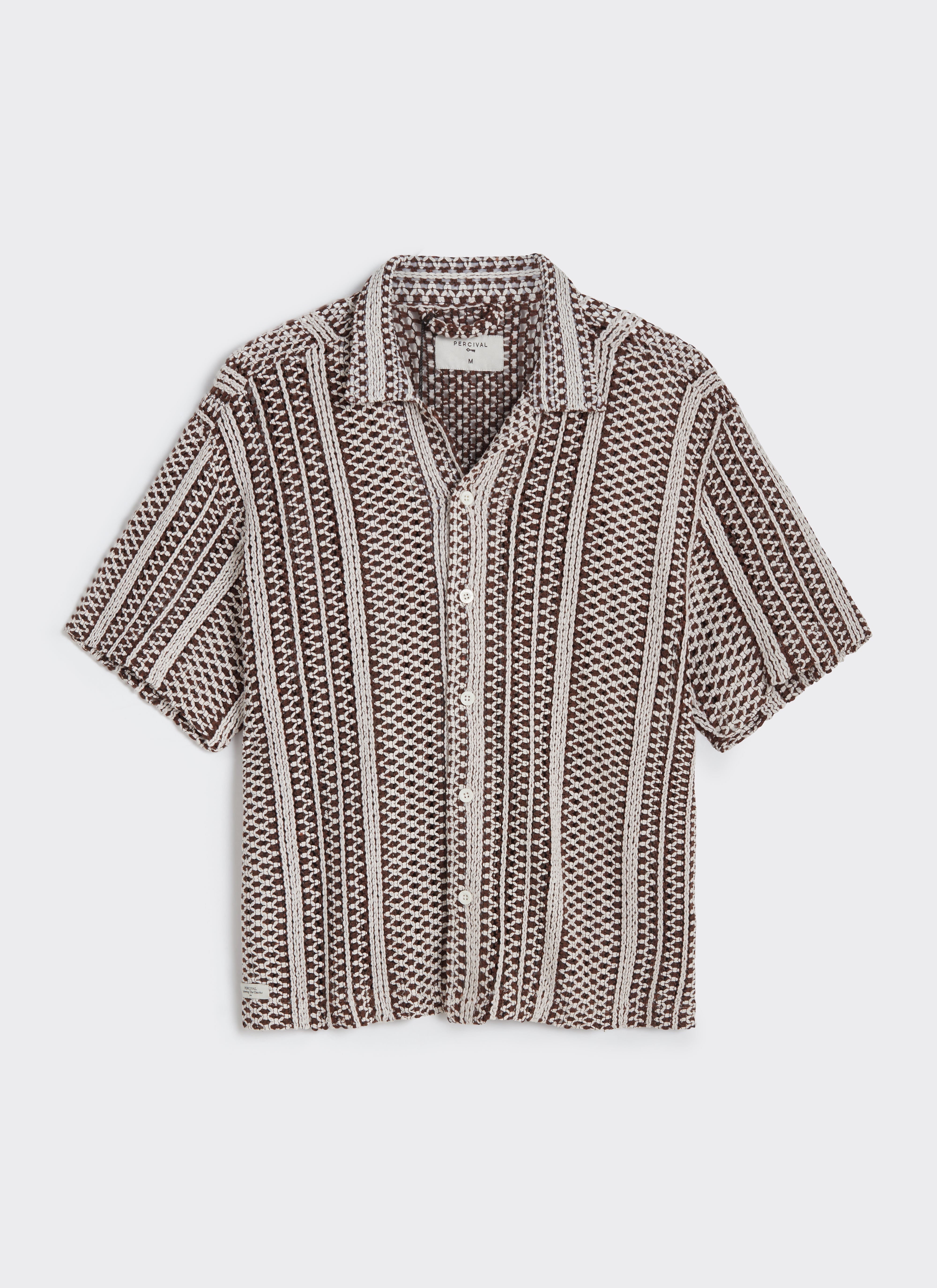 The Percival Hugh Crochet Boxy Shirt in brown and cream, featuring vertical stripes, a boxy fit and a Cuban collar.