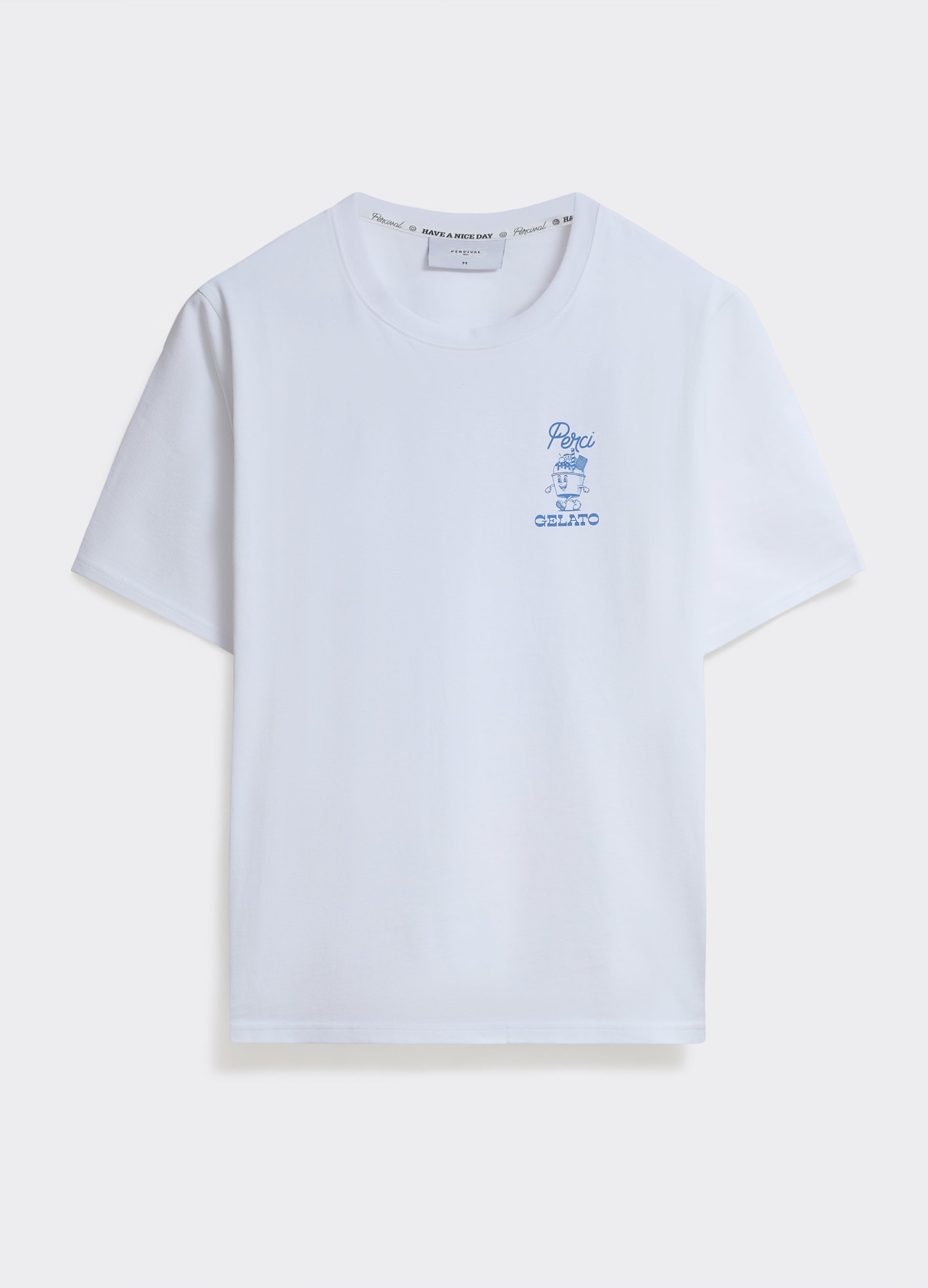 White Percival Ice Cream T-Shirt featuring a blue gelato chest graphic on premium midweight jersey, shown flat.