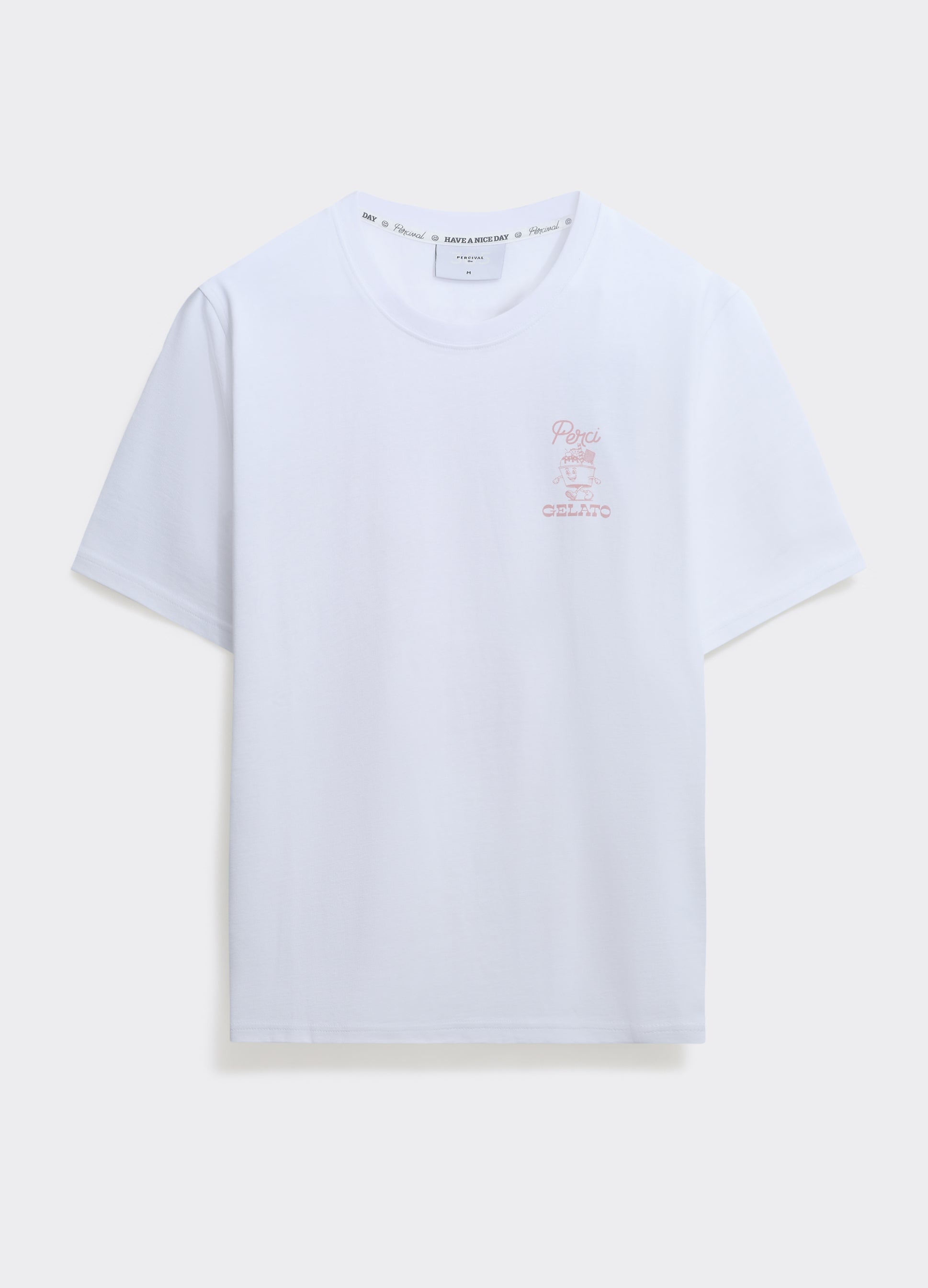 The Percival Ice Cream T Shirt in white, featuring a pink Perci Gelato motif on the chest, shown flat on a plain background.