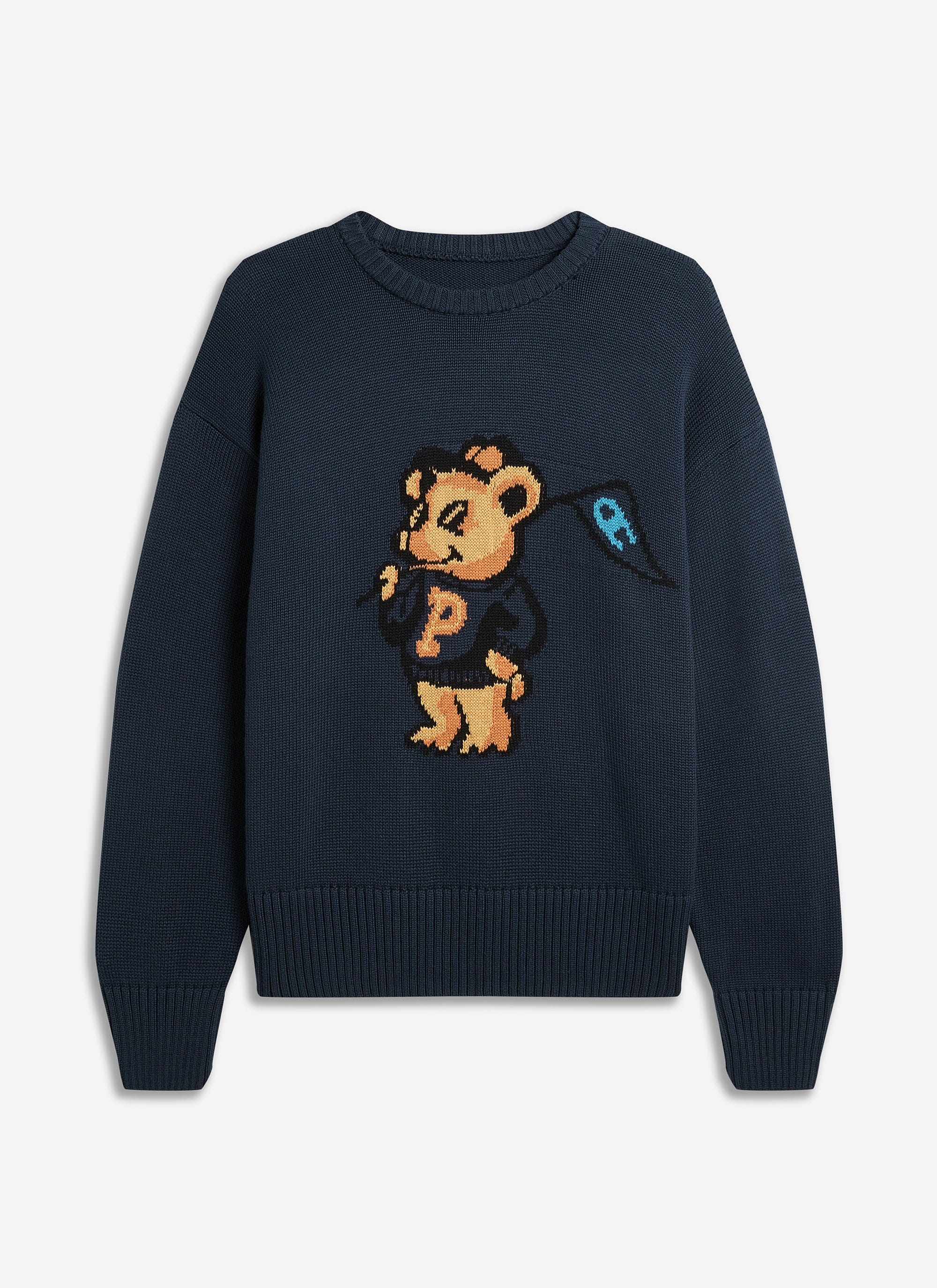 The Jacquard Bear Crew Neck jumper in navy from the Champion x Percival collection, shot flat on a white background.