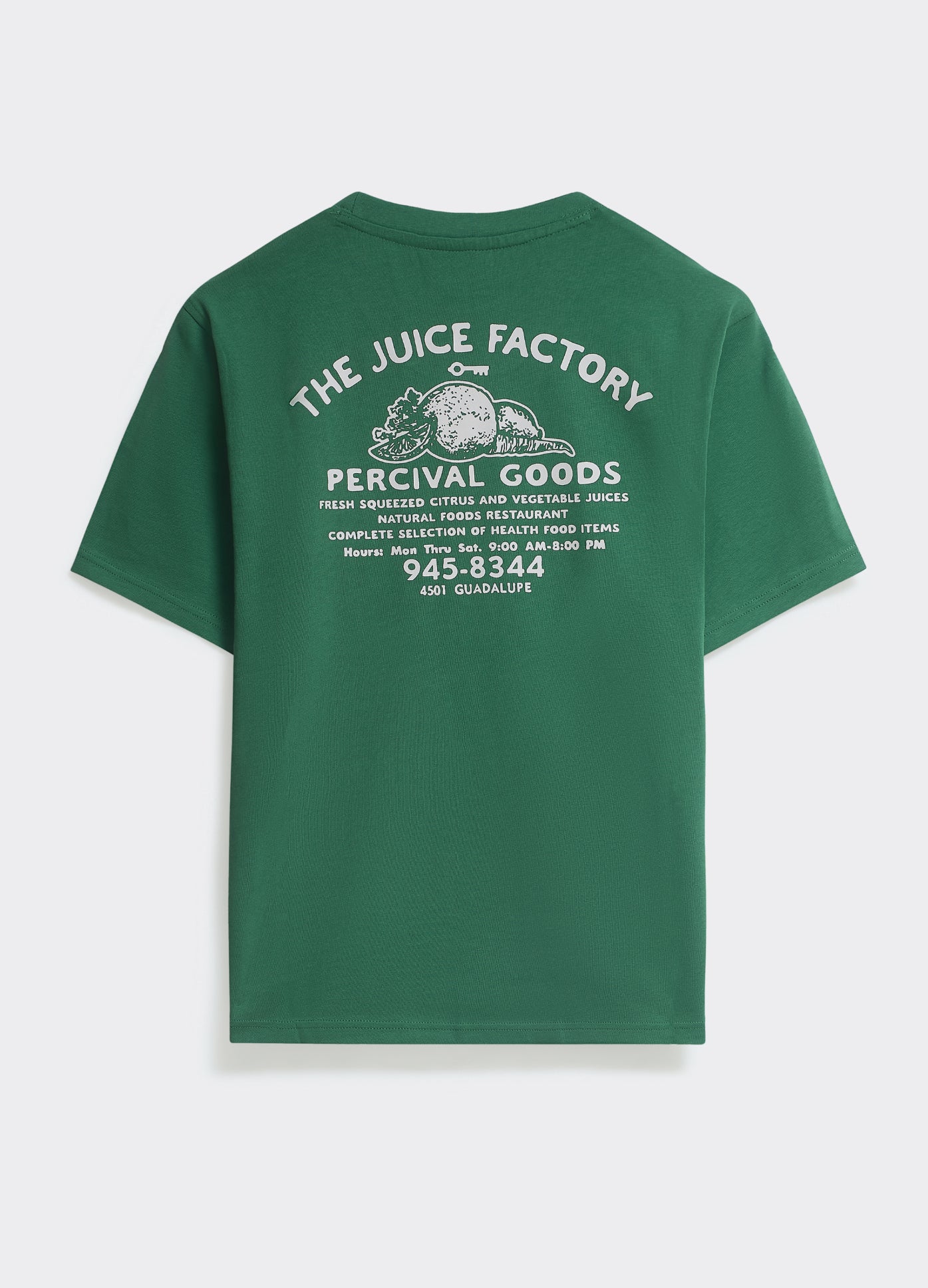 The green Percival Juice T-shirt, a cotton jersey crew neck with a large white back graphic, shown flat from behind.