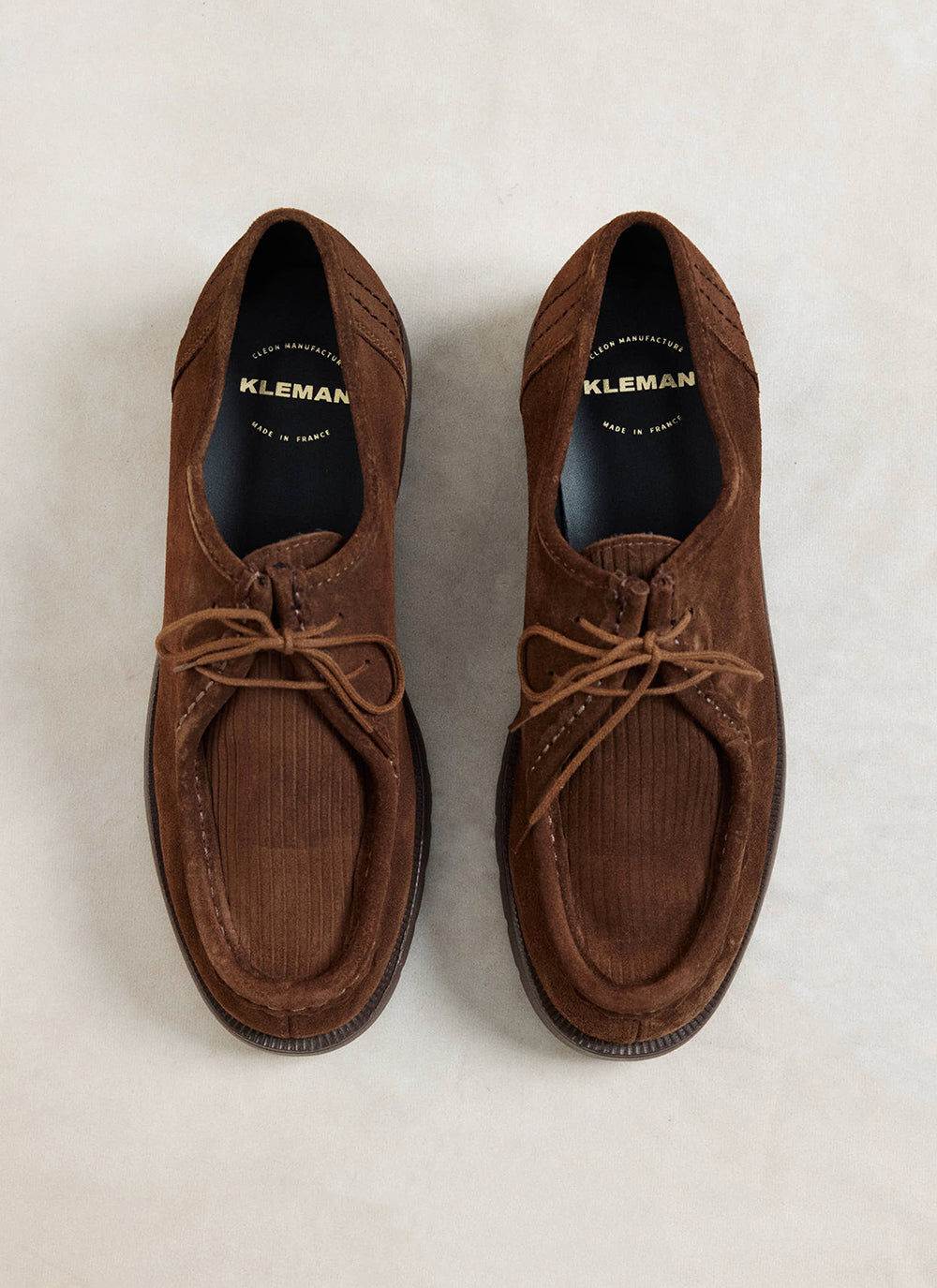 Top-down view of the brown Kleman Padrini V Cord shoes showcasing their suede and corduroy texture.