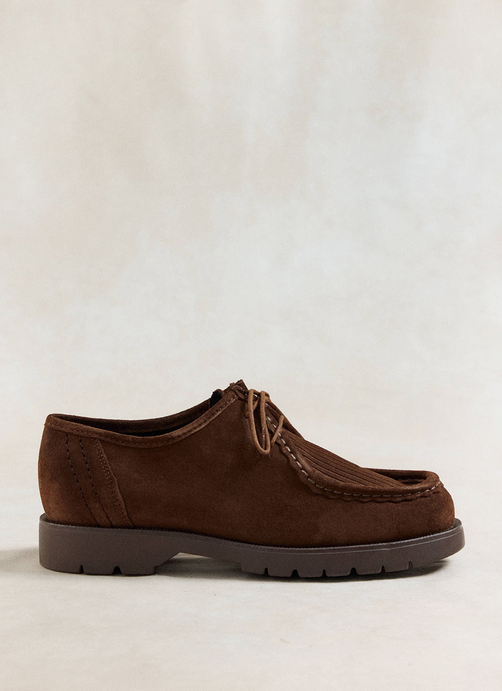 Side profile view of the brown Kleman Padrini V Cord shoe featuring a textured corduroy design and sturdy rubber sole.