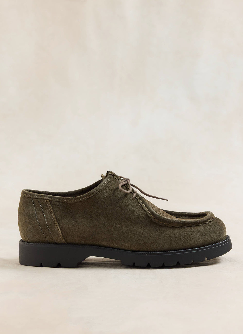 Side profile of the Kleman Padrini V shoes in khaki suede with a thick black lug sole against a neutral background.