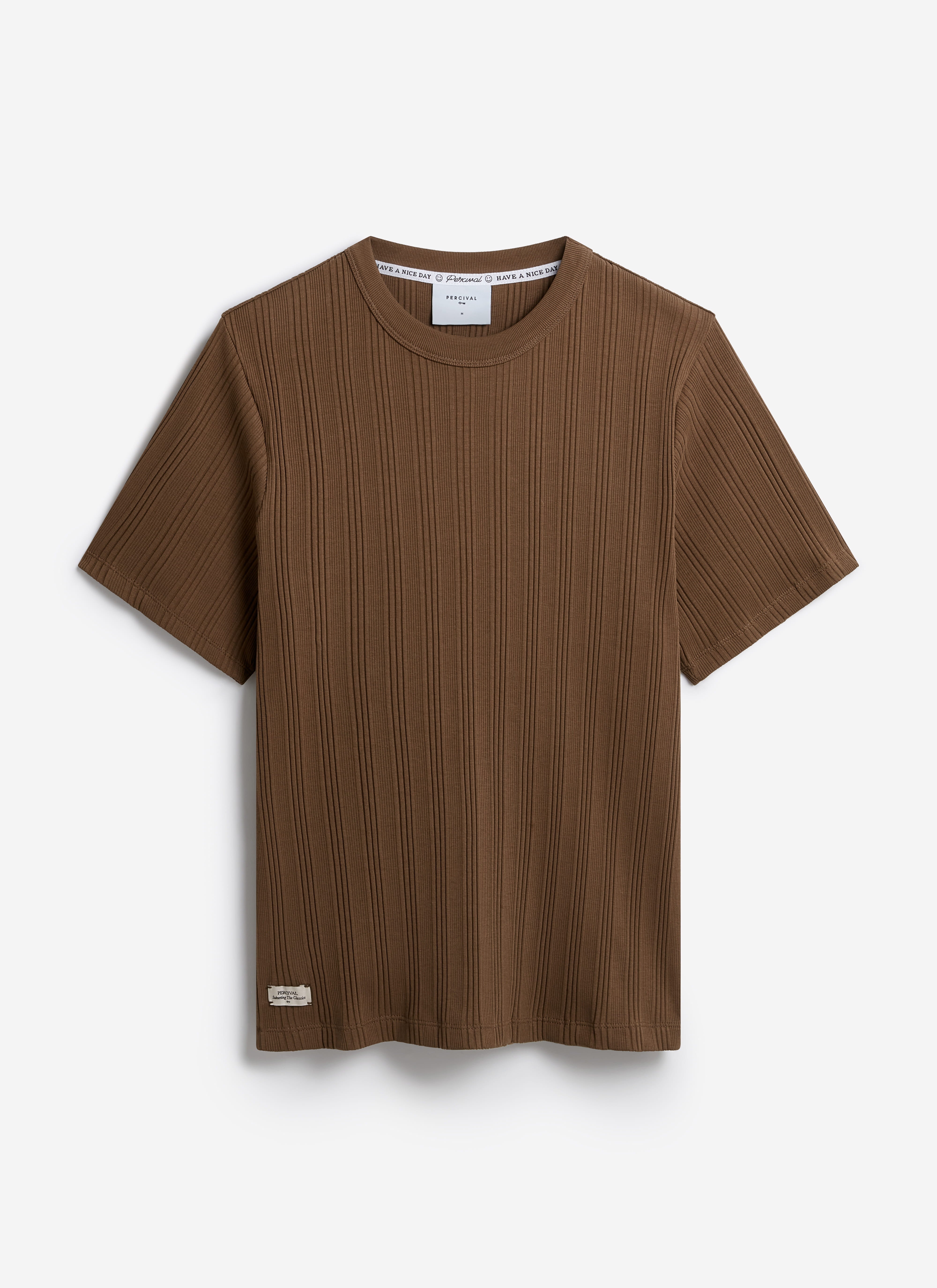 Percival Leon slim ribbed T-shirt in espresso brown organic cotton, showing the vertical texture and classic crew neck.