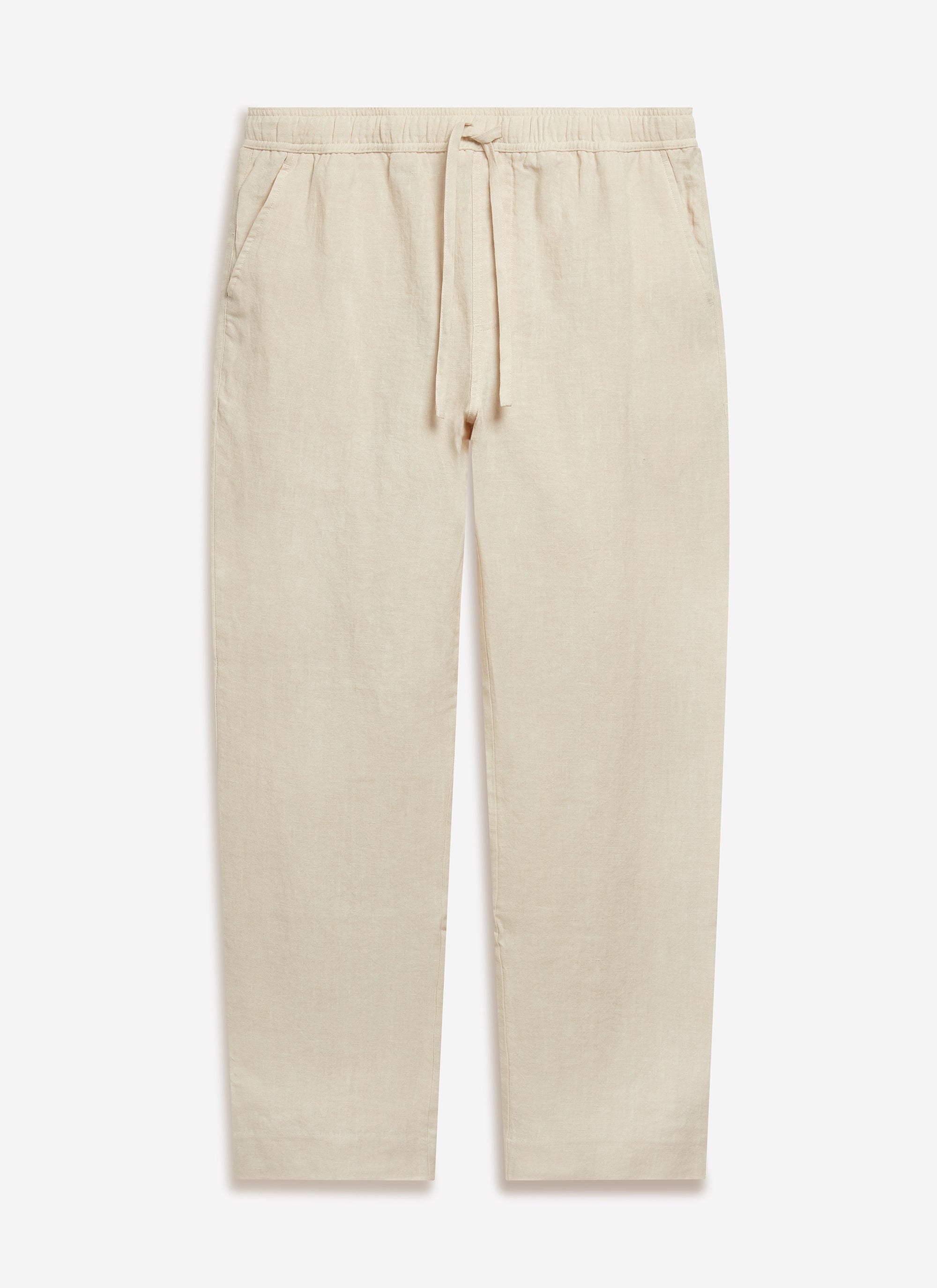 Percival's cream linen everyday trousers with a straight leg fit and a drawstring waist.