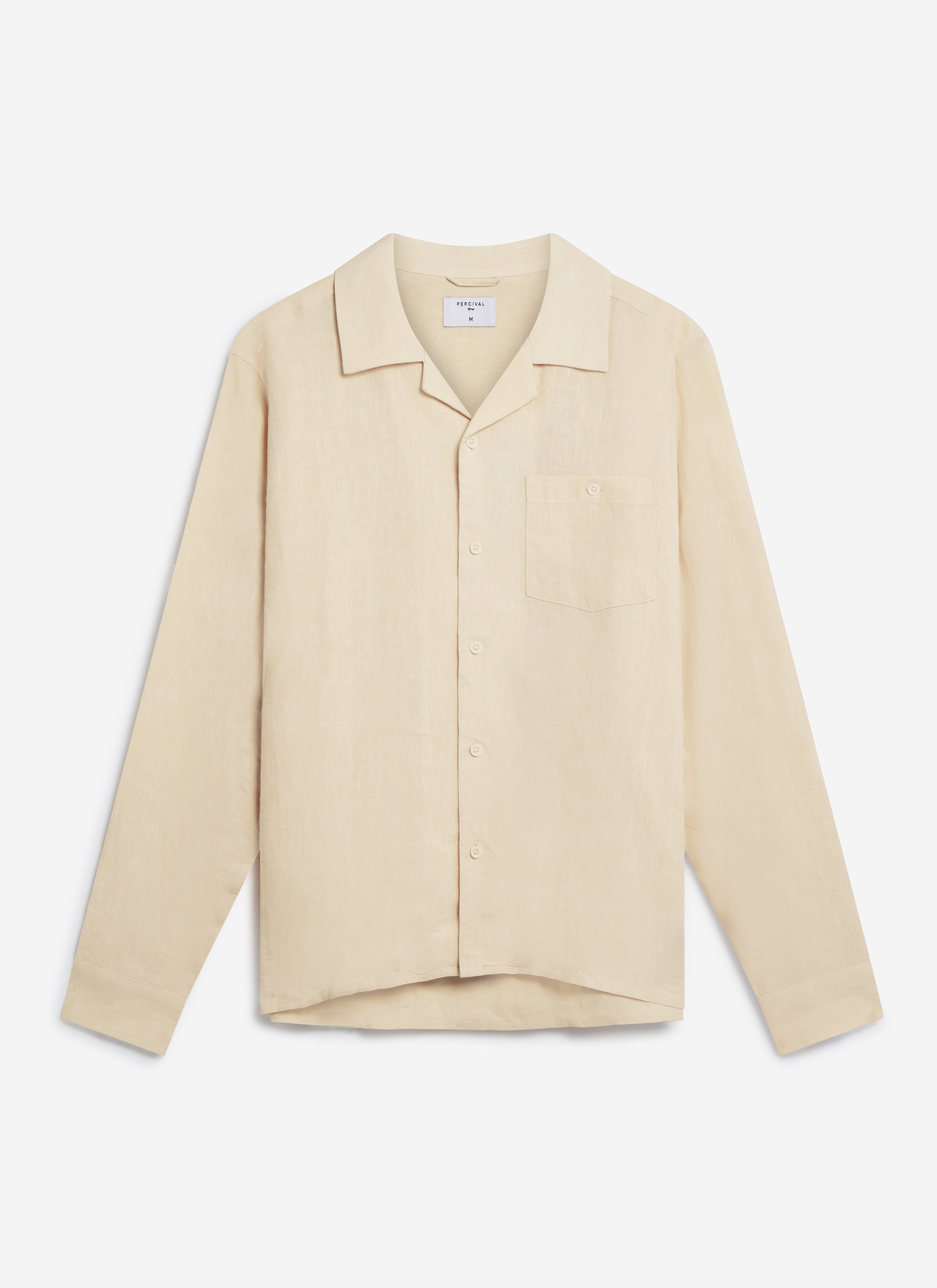 A flat lay of the Percival Long Sleeve Cuban Linen Shirt in cream, shown against a white background.