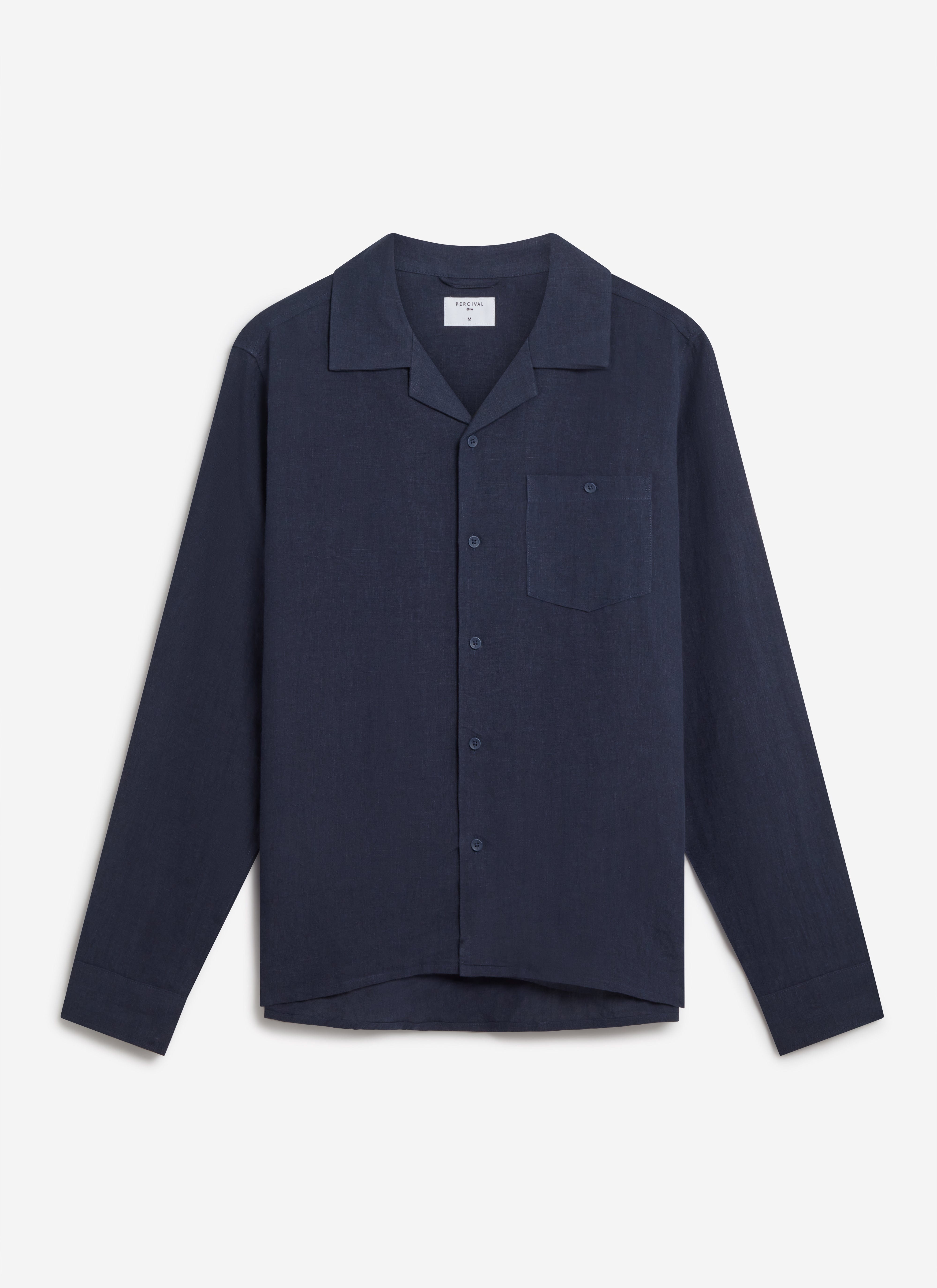A flat lay of the Percival Long Sleeve Cuban Linen Shirt in navy, showing the open Cuban collar and chest pocket.