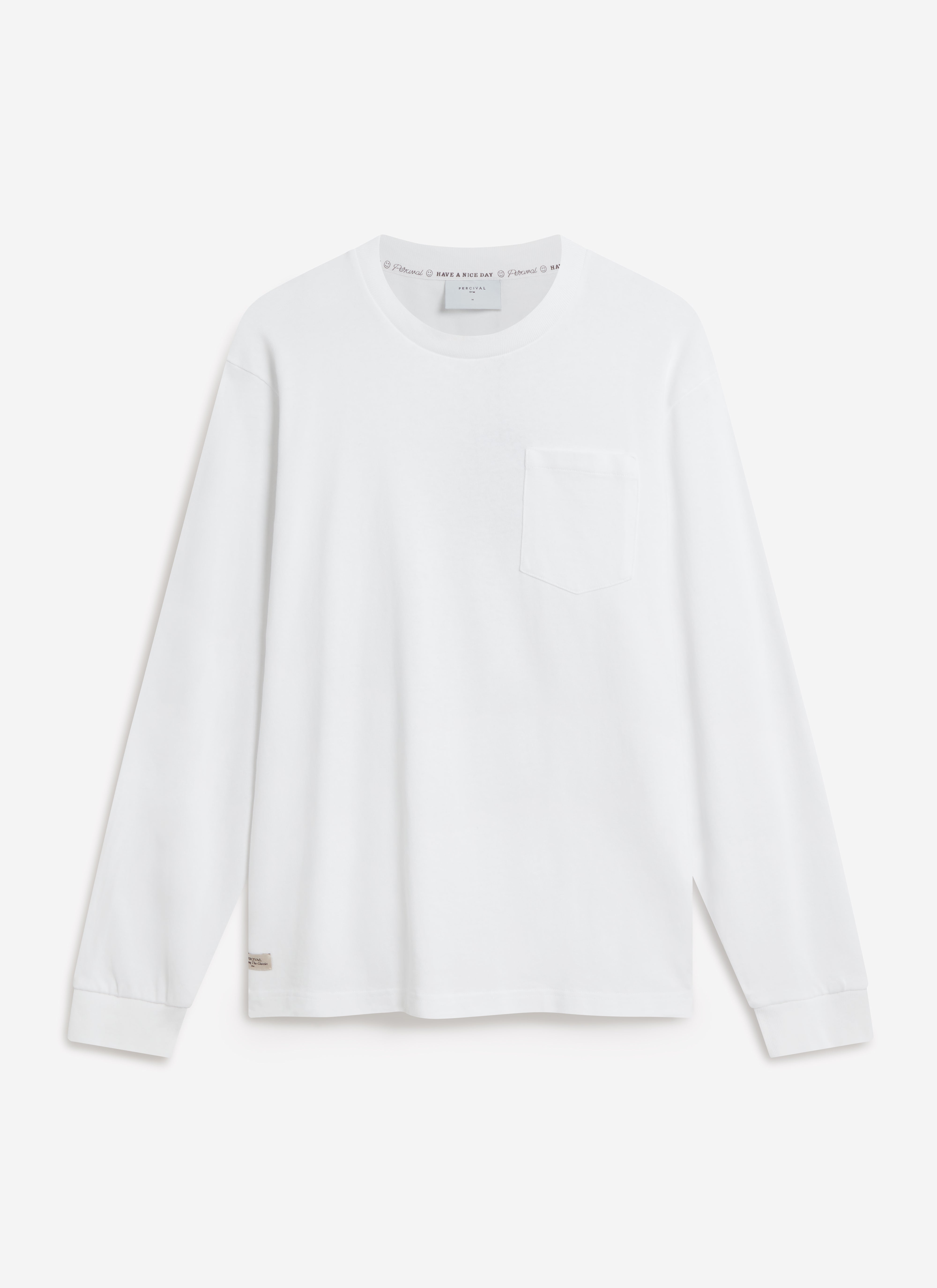 A flat lay of the Percival Long Sleeve Pocket T-Shirt in white organic cotton, showing the chest pocket and crew neck.