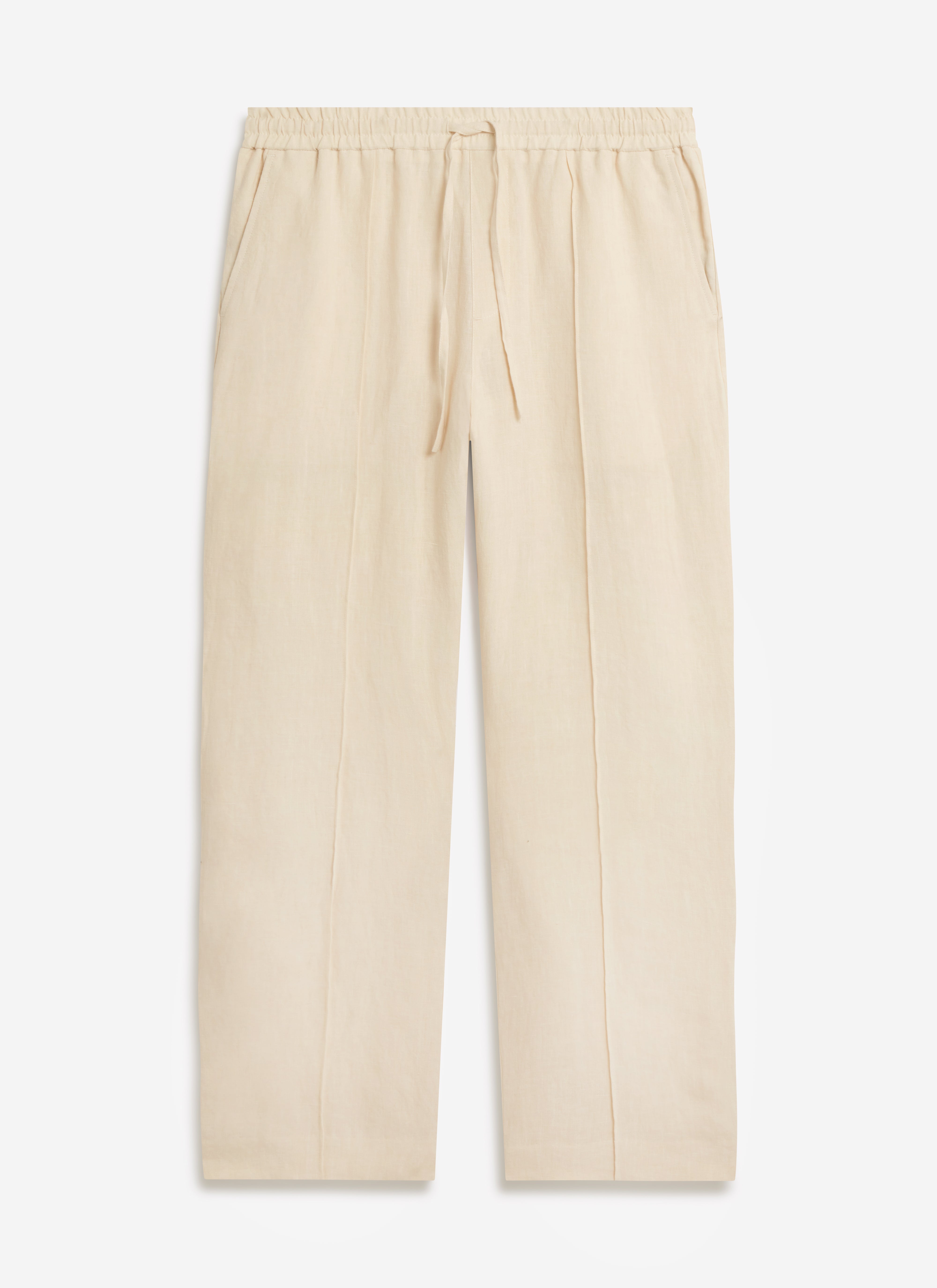 A flat lay of the Percival Lorena Wide Leg Trousers in cream linen, showing the relaxed fit and elasticated drawstring waist.