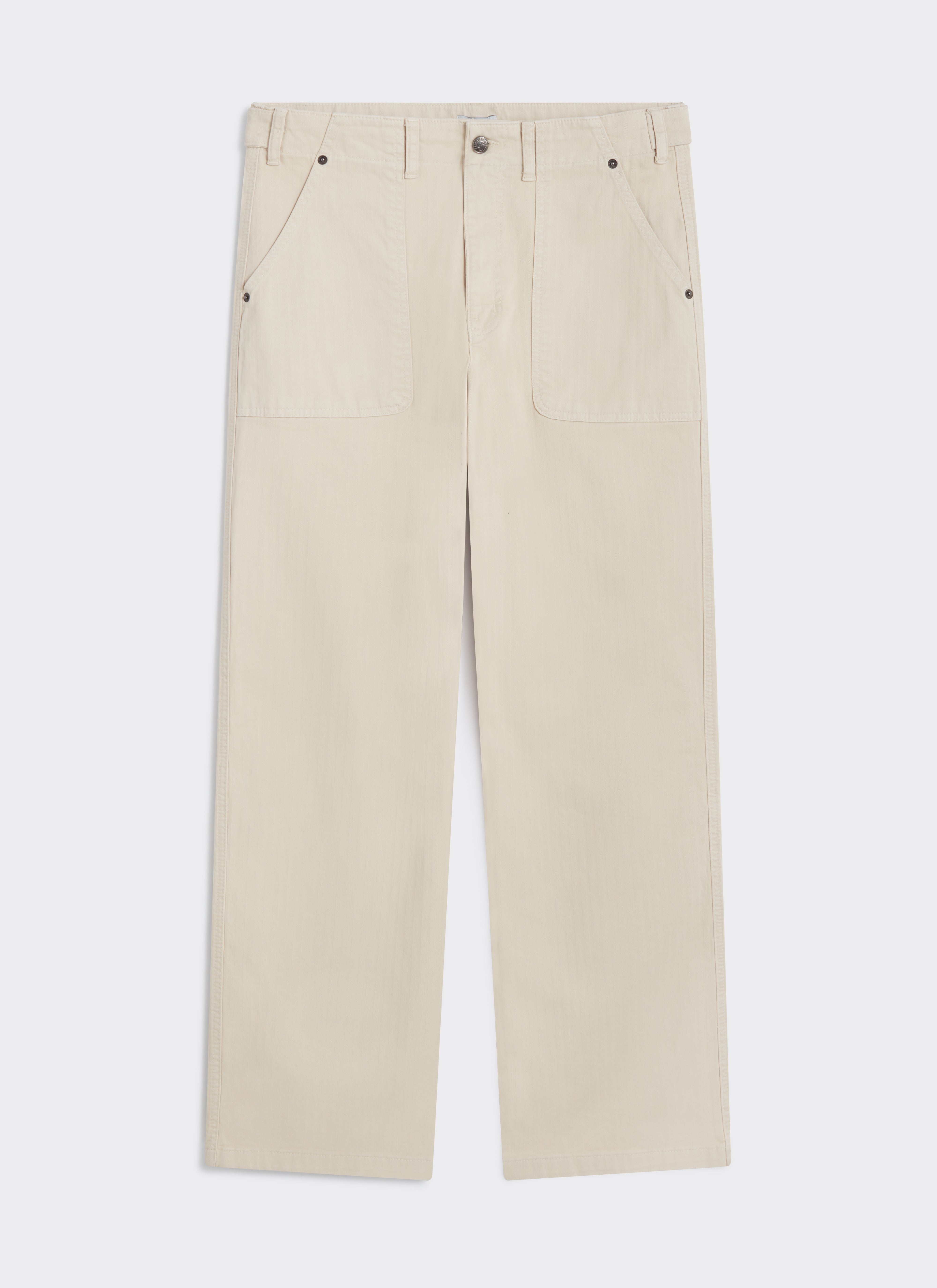 Front view of Percival Lungo Herringbone Straight Trousers in ecru cotton, featuring large front patch pockets.