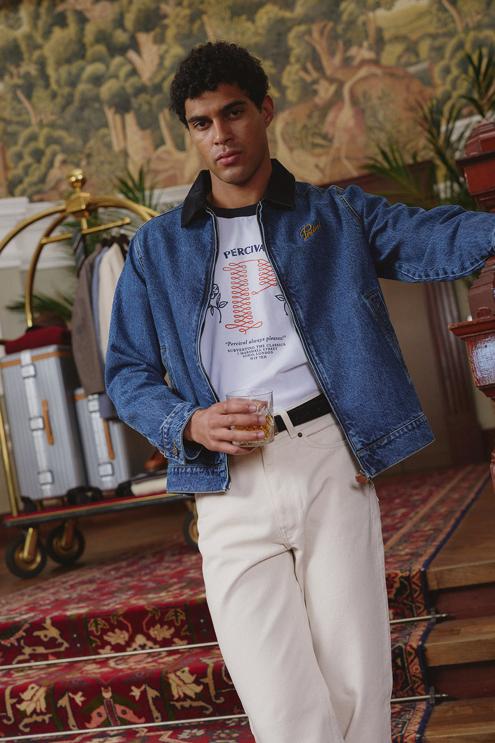 Mackey Embroidered Zip Jacket | Mid Wash Blue Denim | Percival