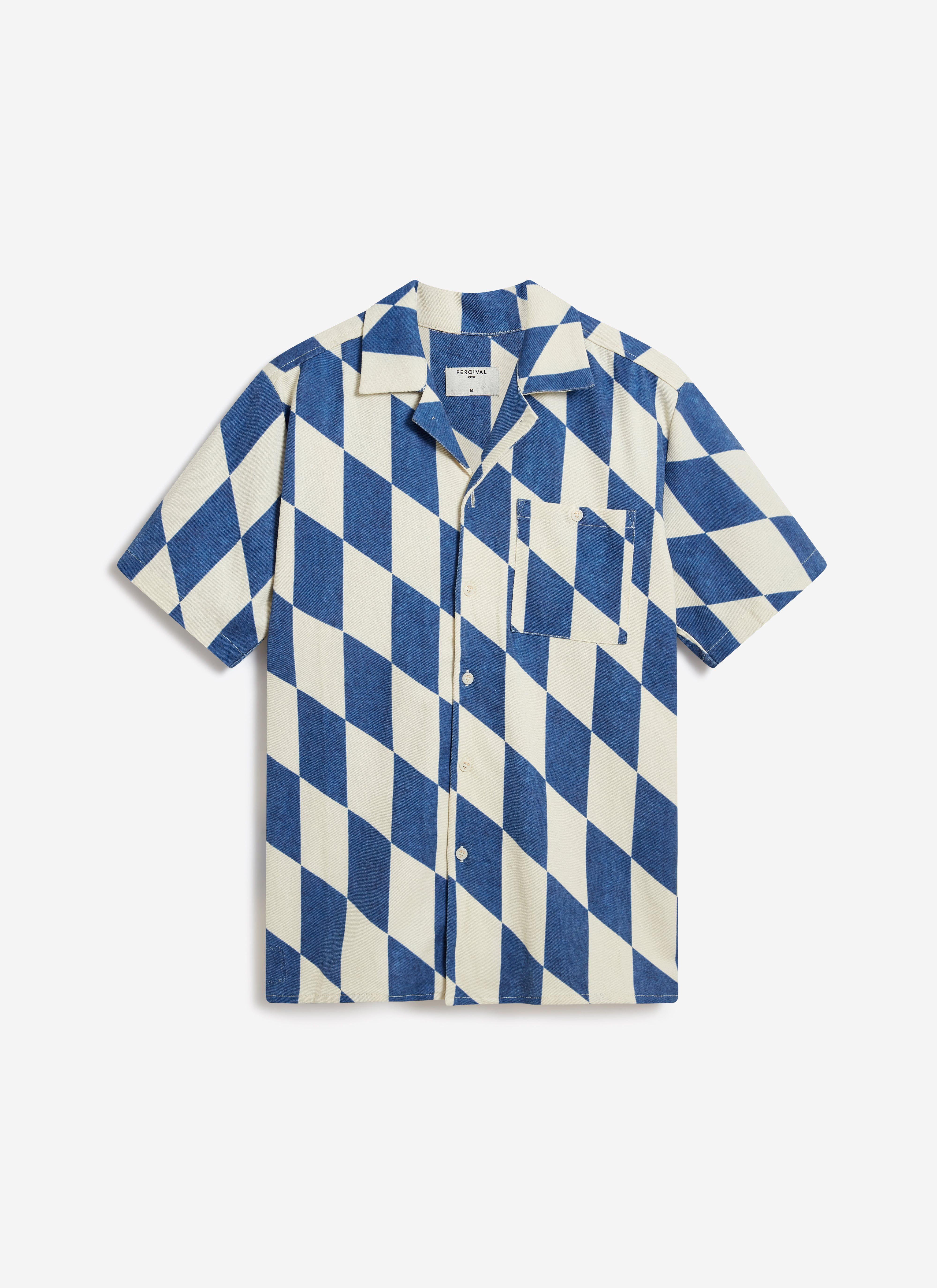Percival short sleeve Cuban shirt in ecru and navy cotton with a bold diamond print.