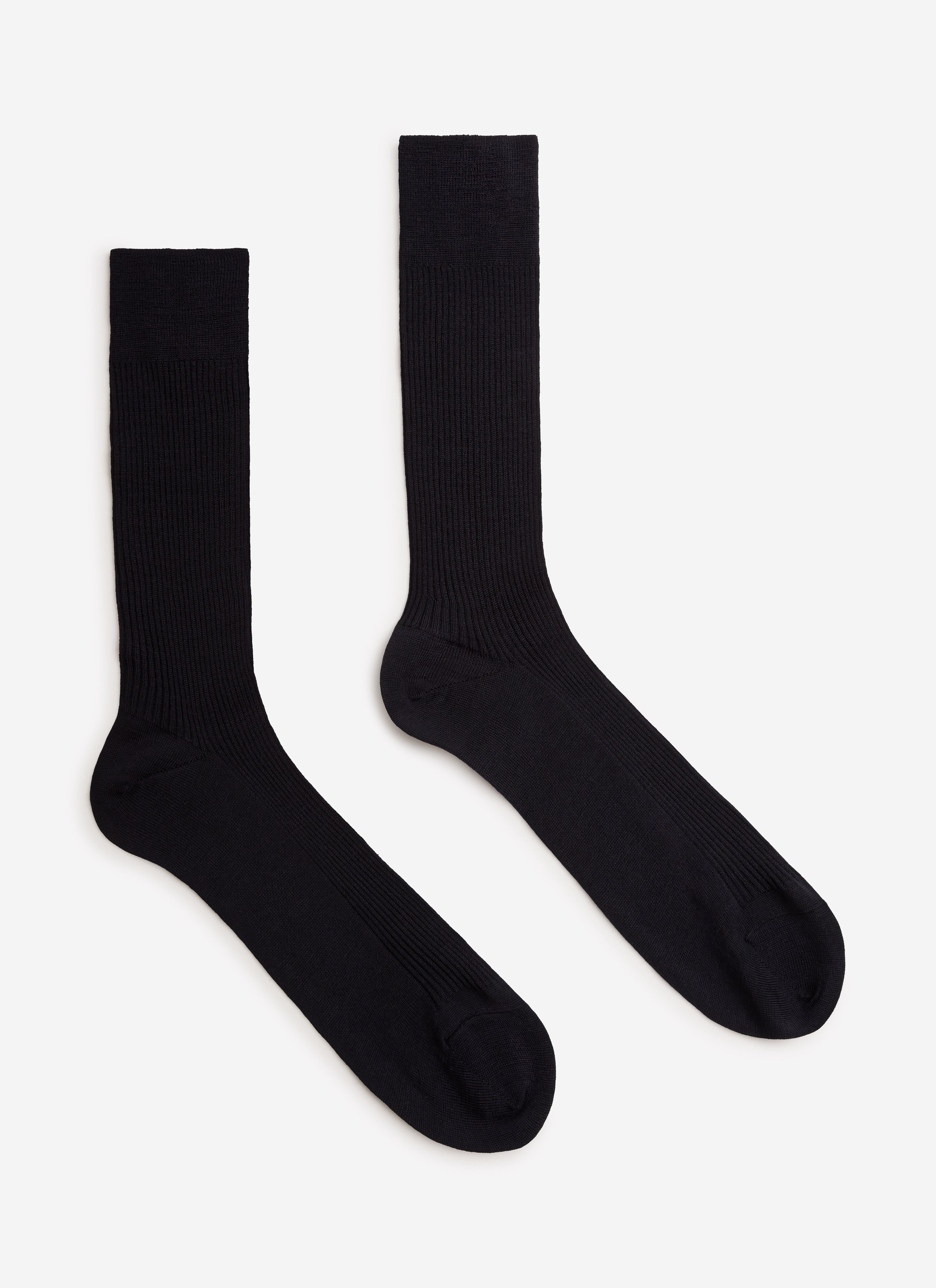 A pair of Percival navy ribbed merino wool socks, laid flat on a clean white background.