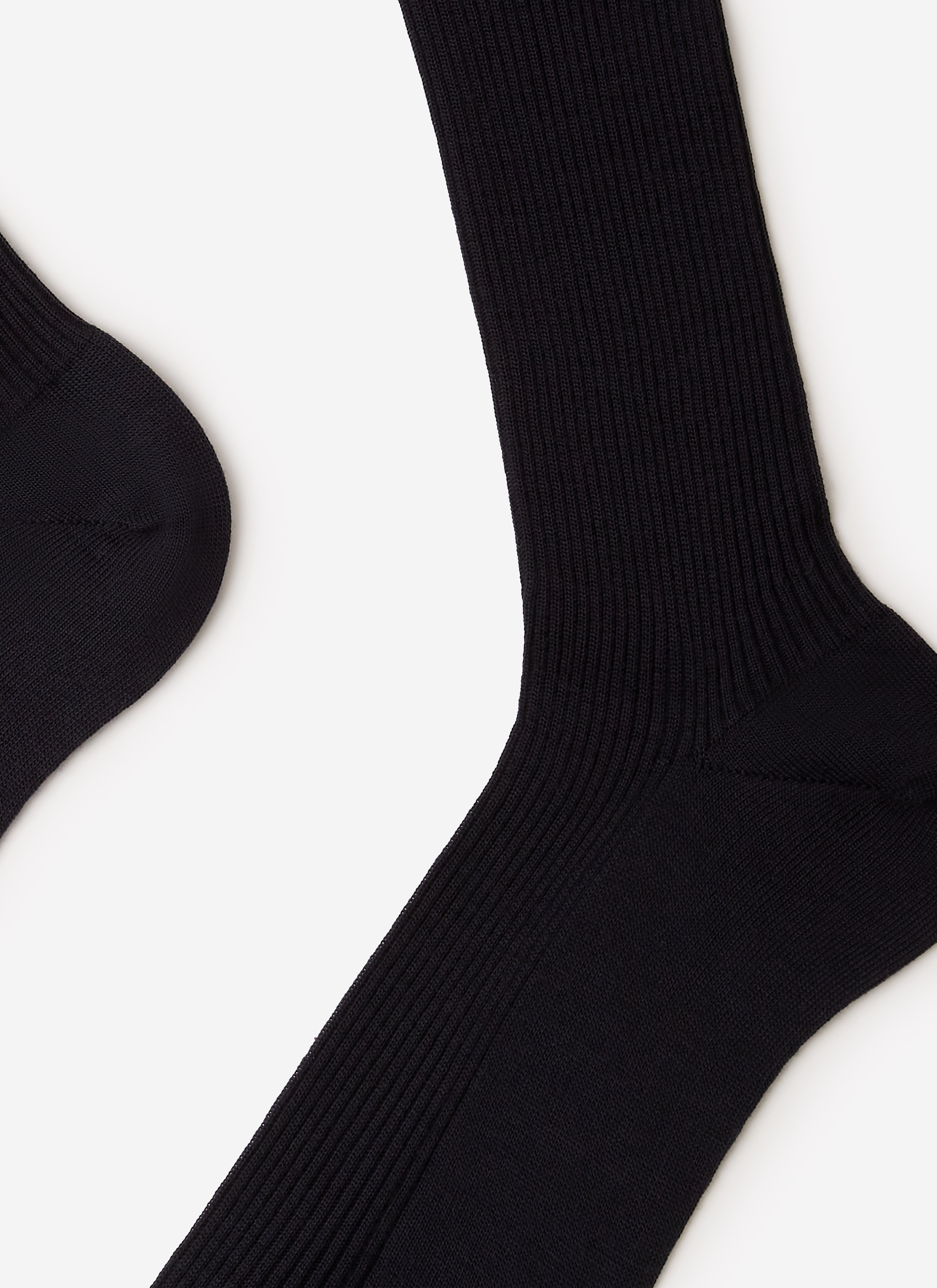 A close-up of the Percival Merino Wool Socks in navy, showing the detail of the ribbed knit against a white background.