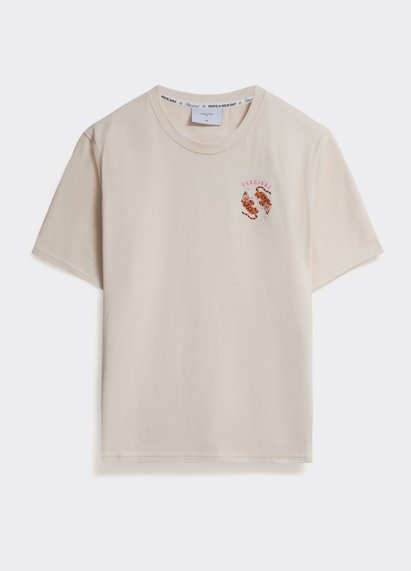 Off white Percival Matchbox T Shirt in cotton jersey, featuring a small tiger graphic on the chest, shown flat.