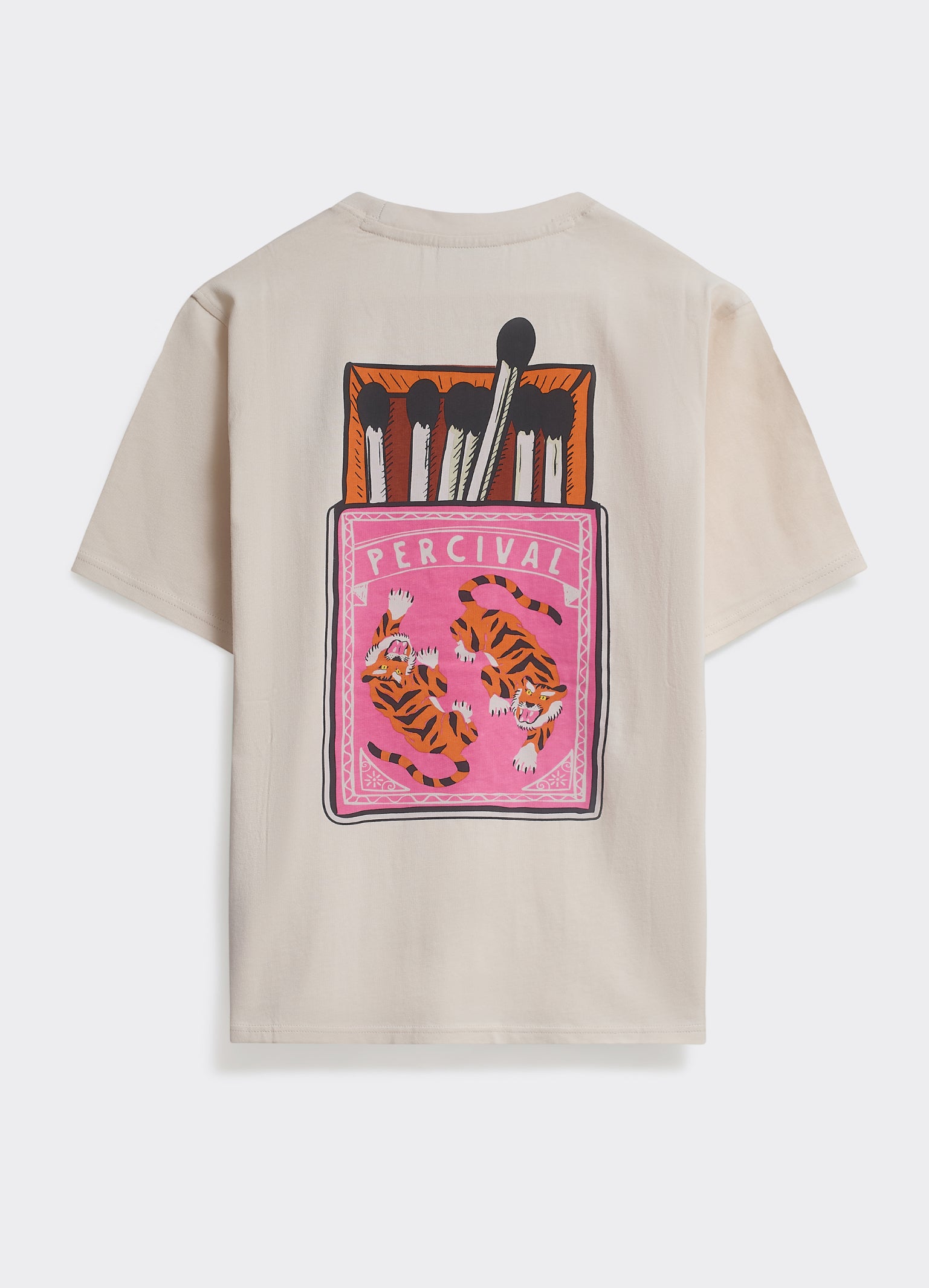 Percival Matchbox T-shirt in off white, featuring a bold pink matchbox and tiger graphic on the back.