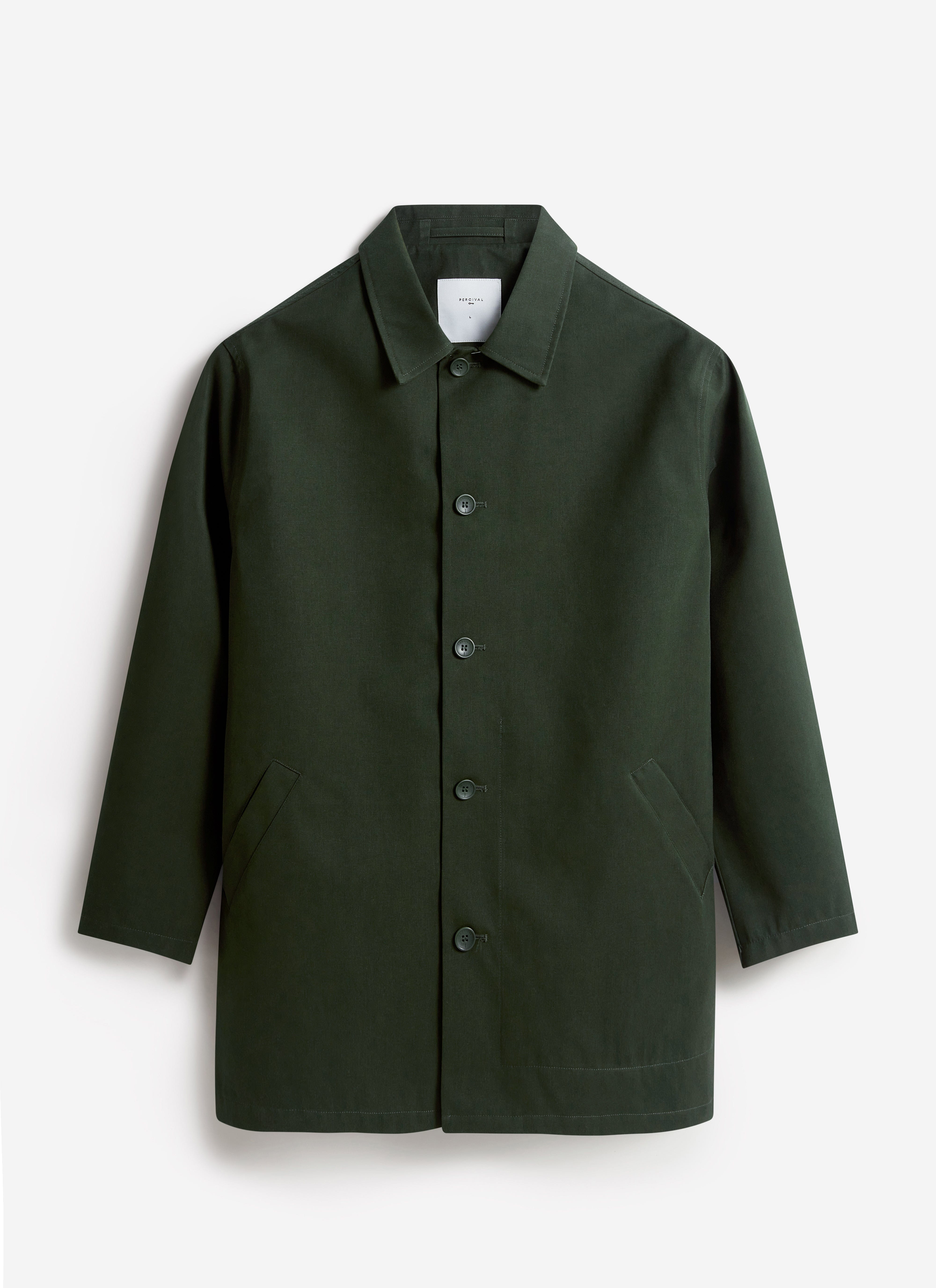 The Percival Sherlock Short Trench Coat in forest green, shown laid flat against a white background.
