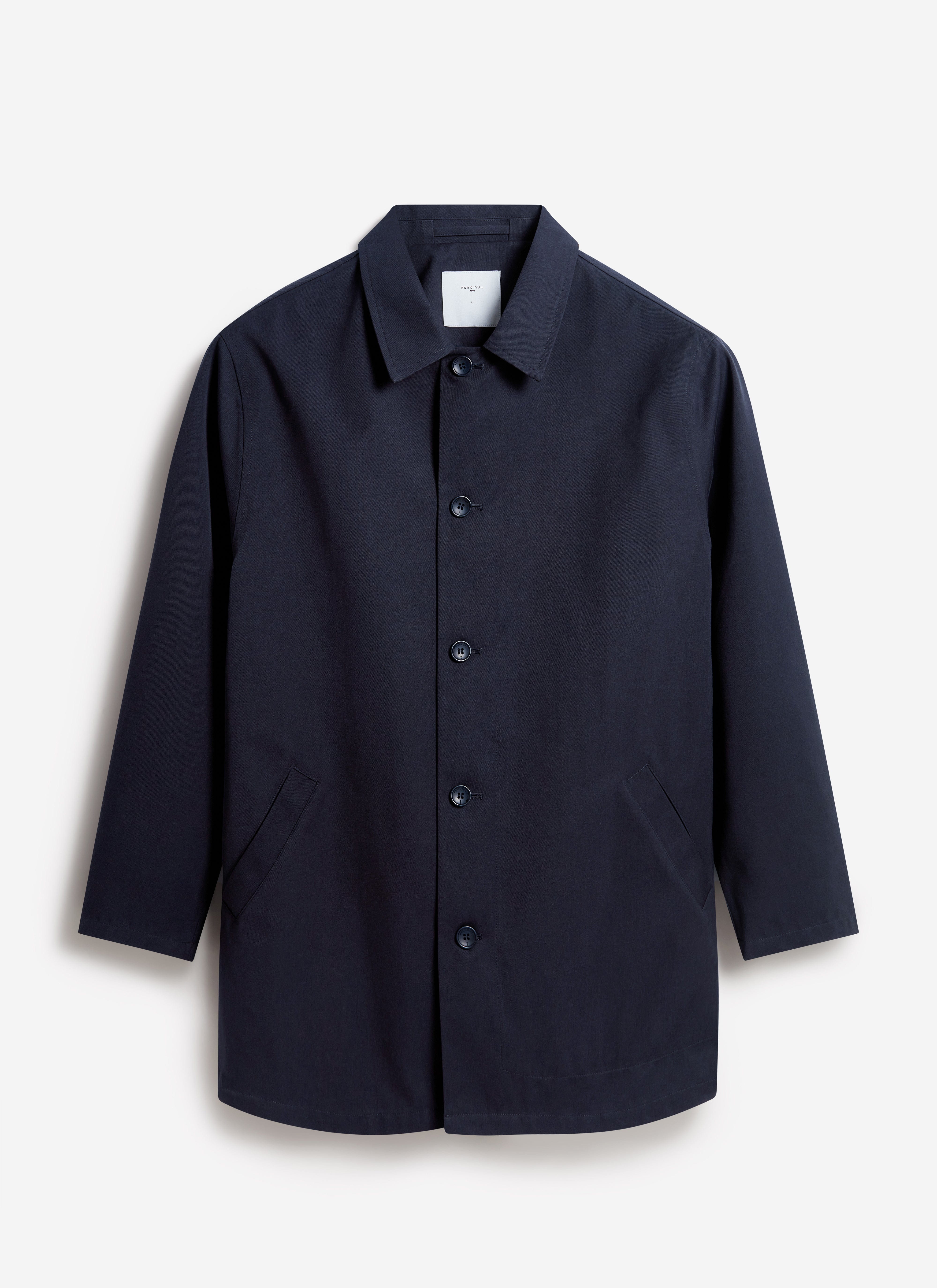 Percival Men's Navy Sherlock Short Trench Coat laid flat against a white background.