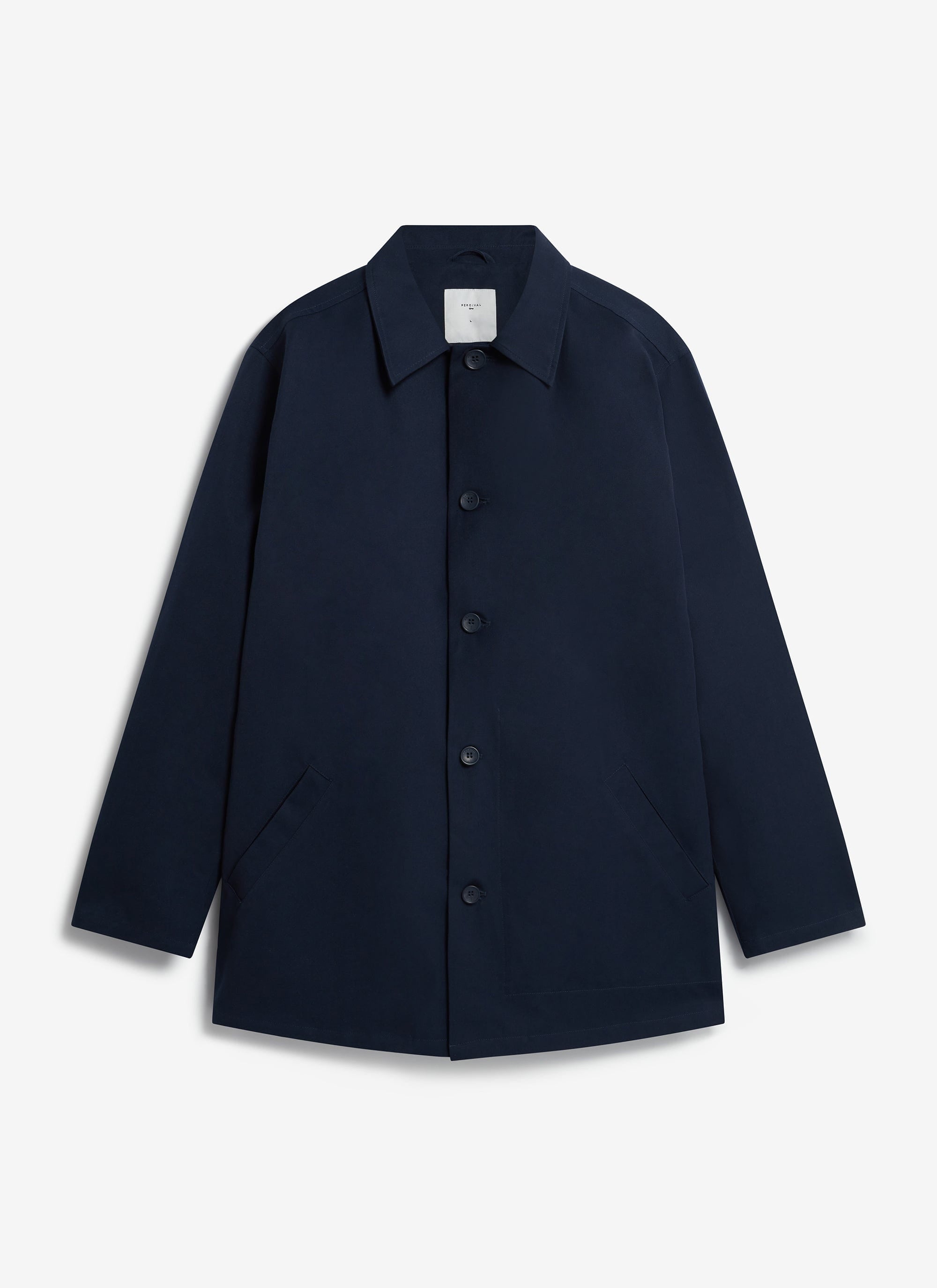 A front view of the Percival Sherlock Short Trench Coat in midnight navy, a waterproof technical jacket for men.