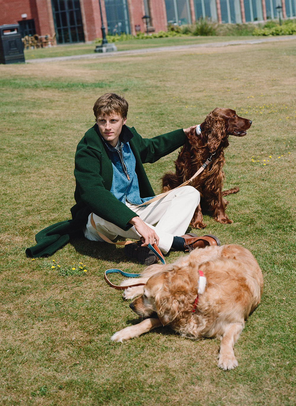 A model sits on the grass wearing the Percival forest green wool overcoat with cream trousers and two dogs.