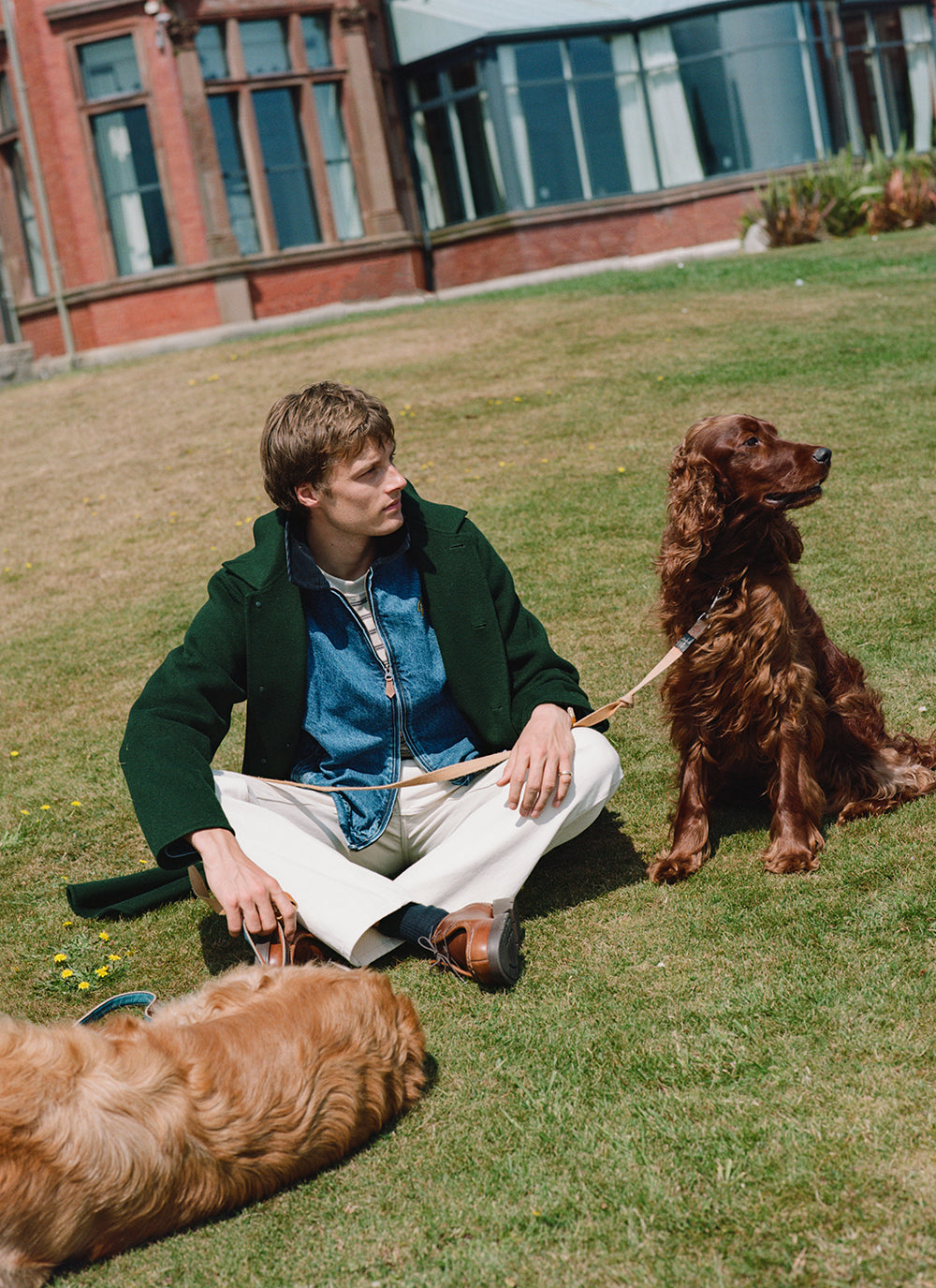 A model wearing a Percival green wool coat and denim jacket while sitting on the grass with an Irish Setter.