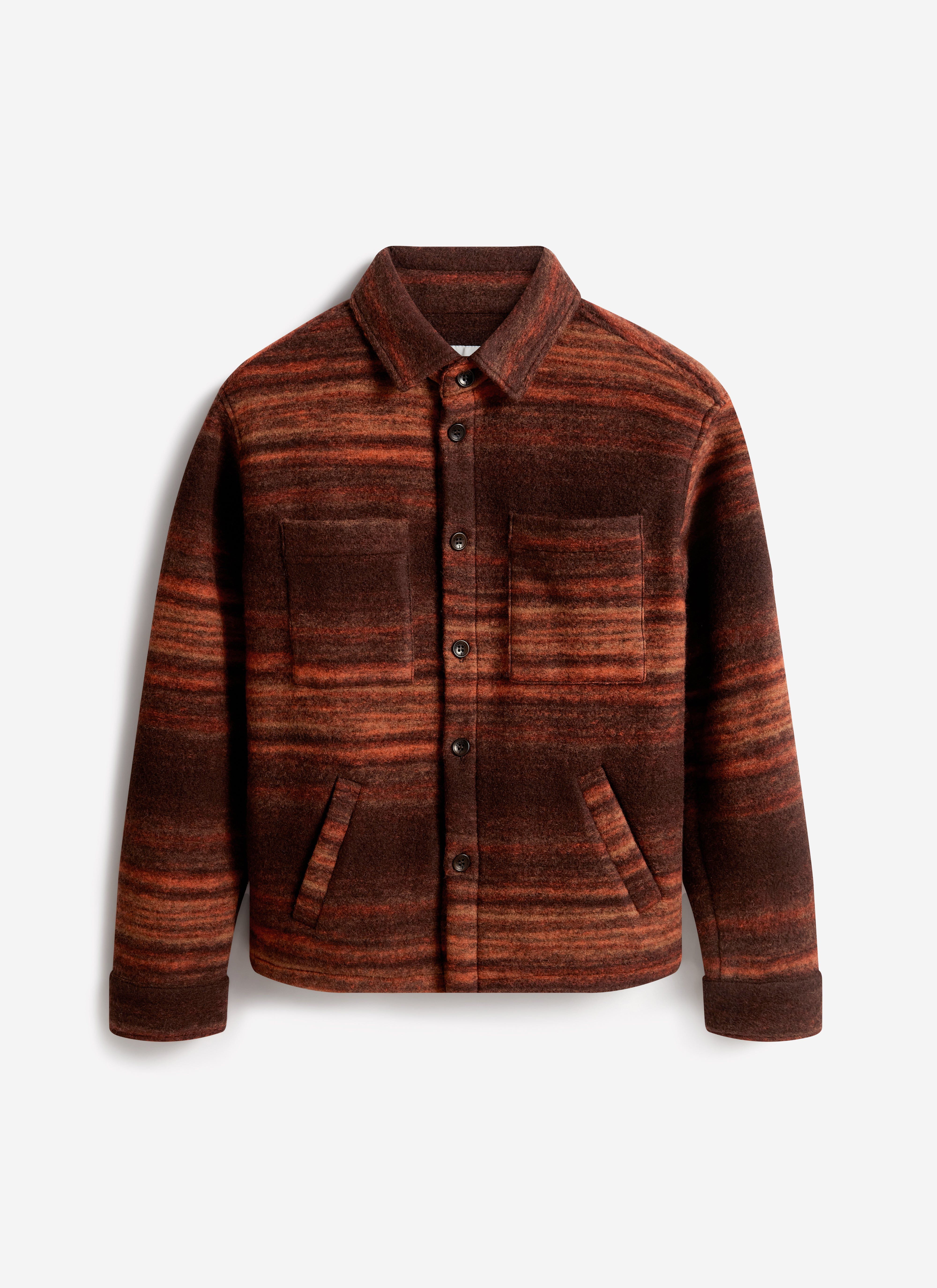 The Percival Mississippi Jacquard Overshirt in a burnt orange and brown wool blend, photographed flat on a white background.