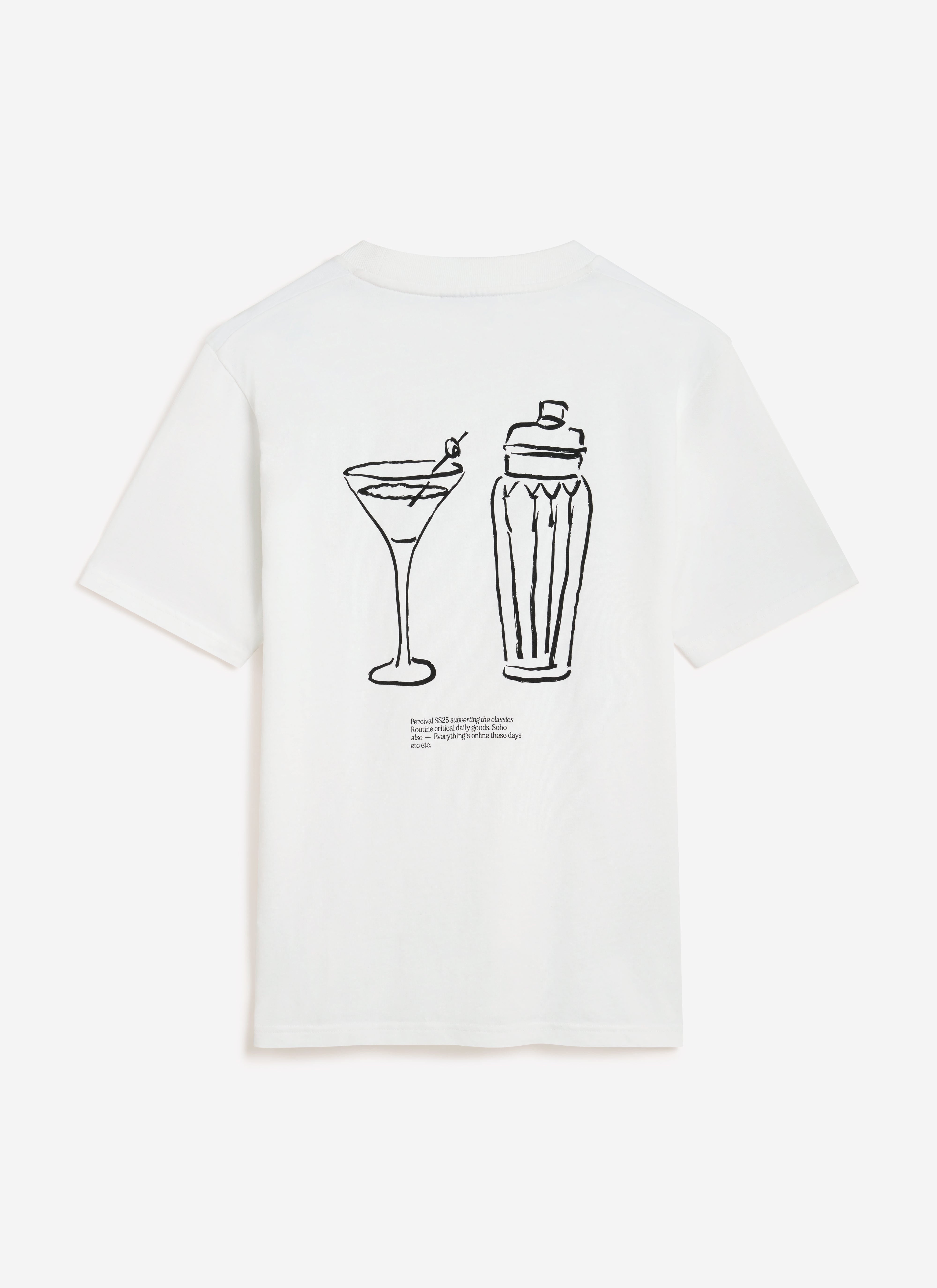The back of the white Percival Mixologist t-shirt, featuring a hand-drawn cocktail glass and shaker graphic.