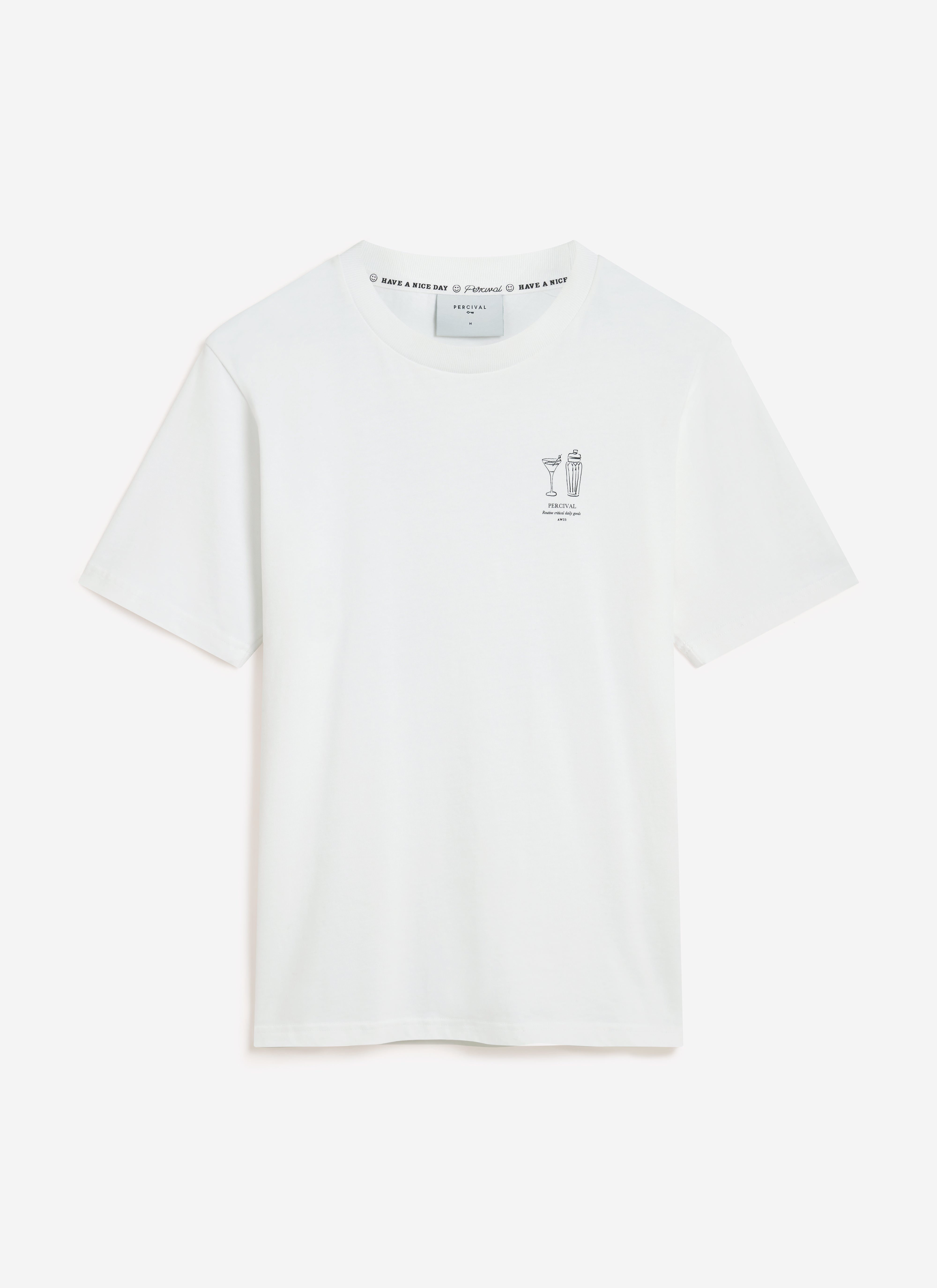 The Percival Mixologist T-shirt in white organic cotton, laid flat to show the cocktail graphic on the chest.