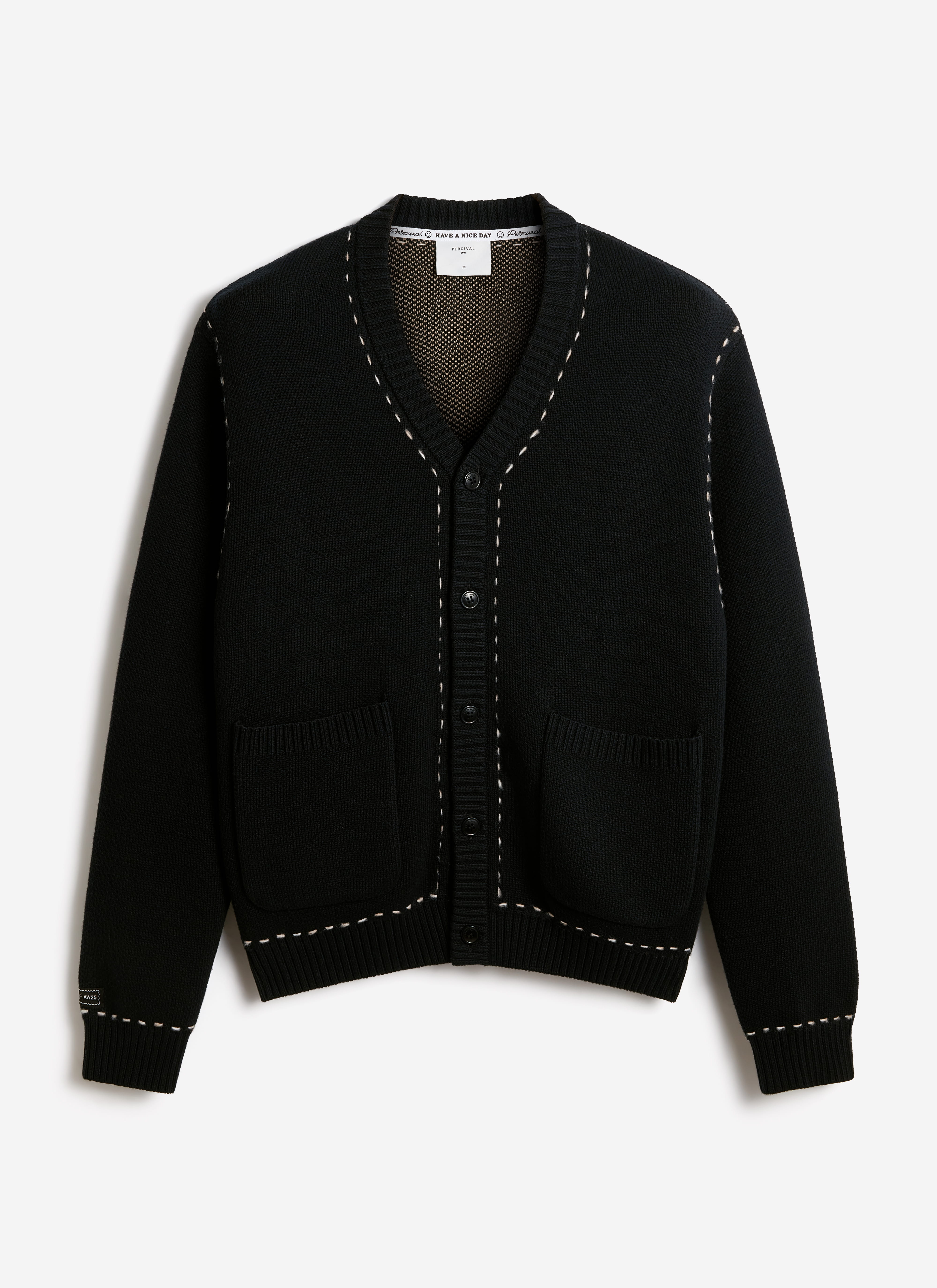 Black cotton Module Boxy Cardigan by Percival with white contrast stitching, patch pockets and a V-neck.