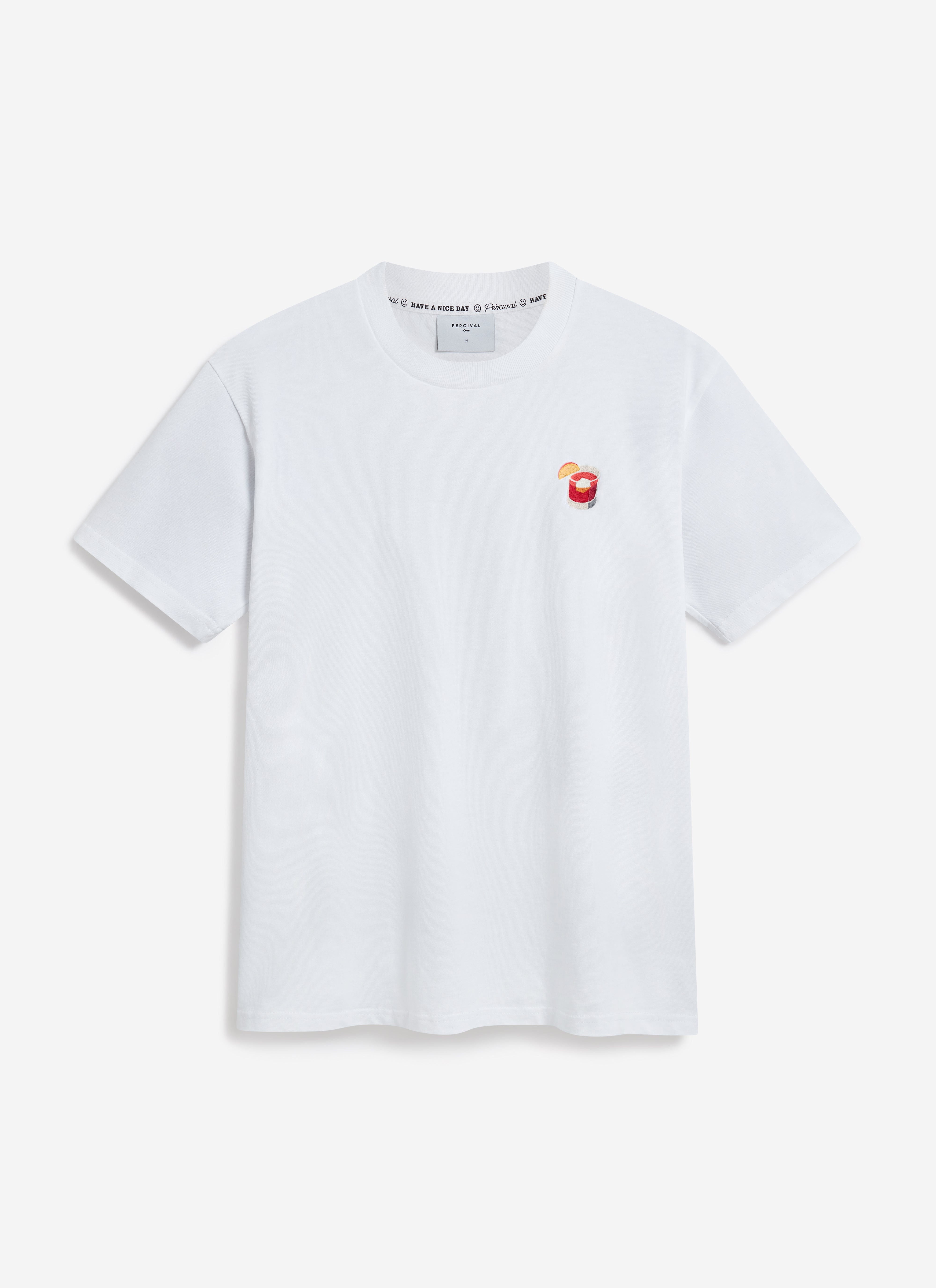 The white organic cotton Negroni t-shirt by Percival, laid flat to showcase the embroidered cocktail detail on the chest.