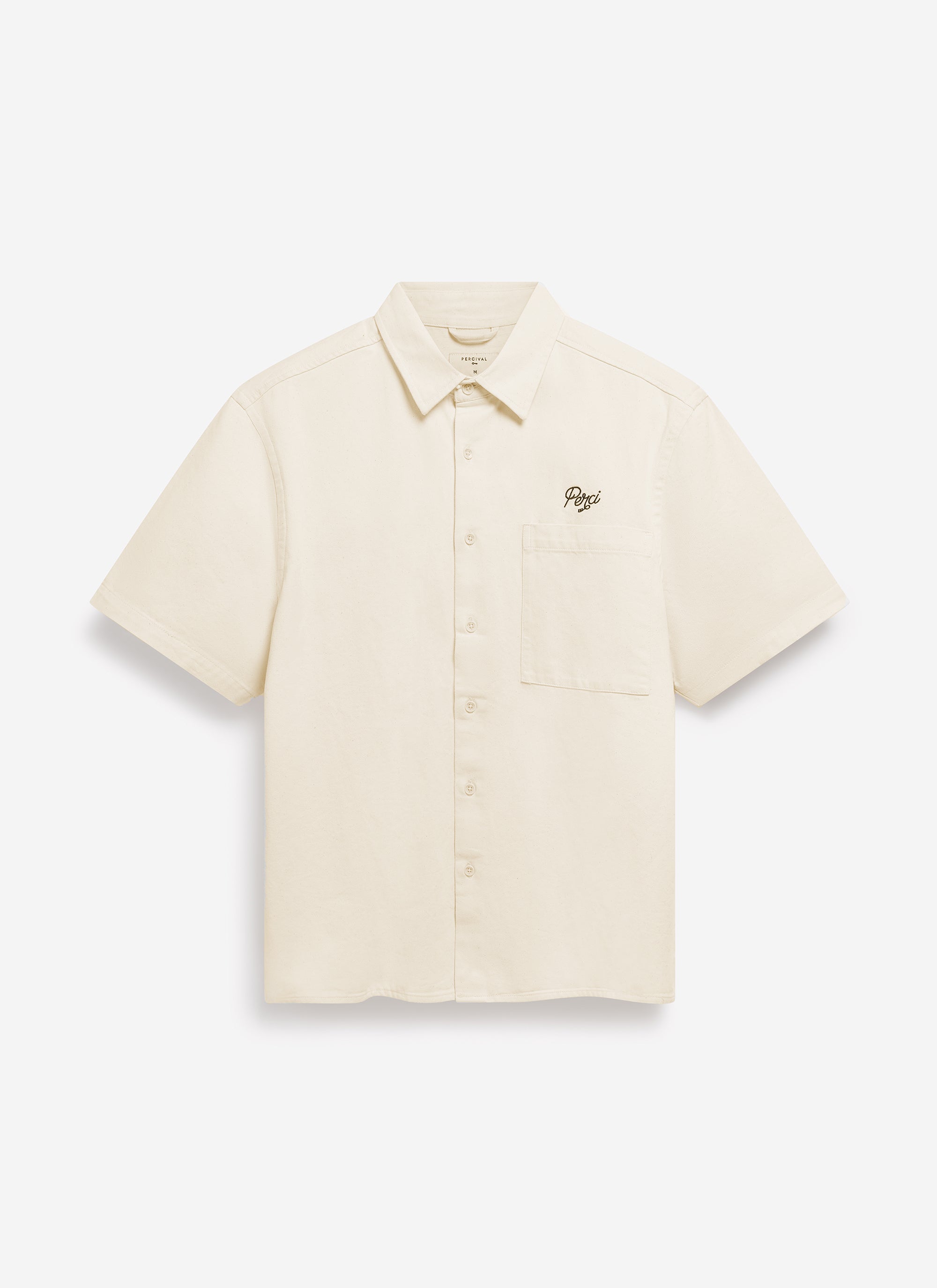 Front view of the Percival Olive Embroidered Cropped Shirt in white, featuring the 'Perci' embroidery on the chest pocket.