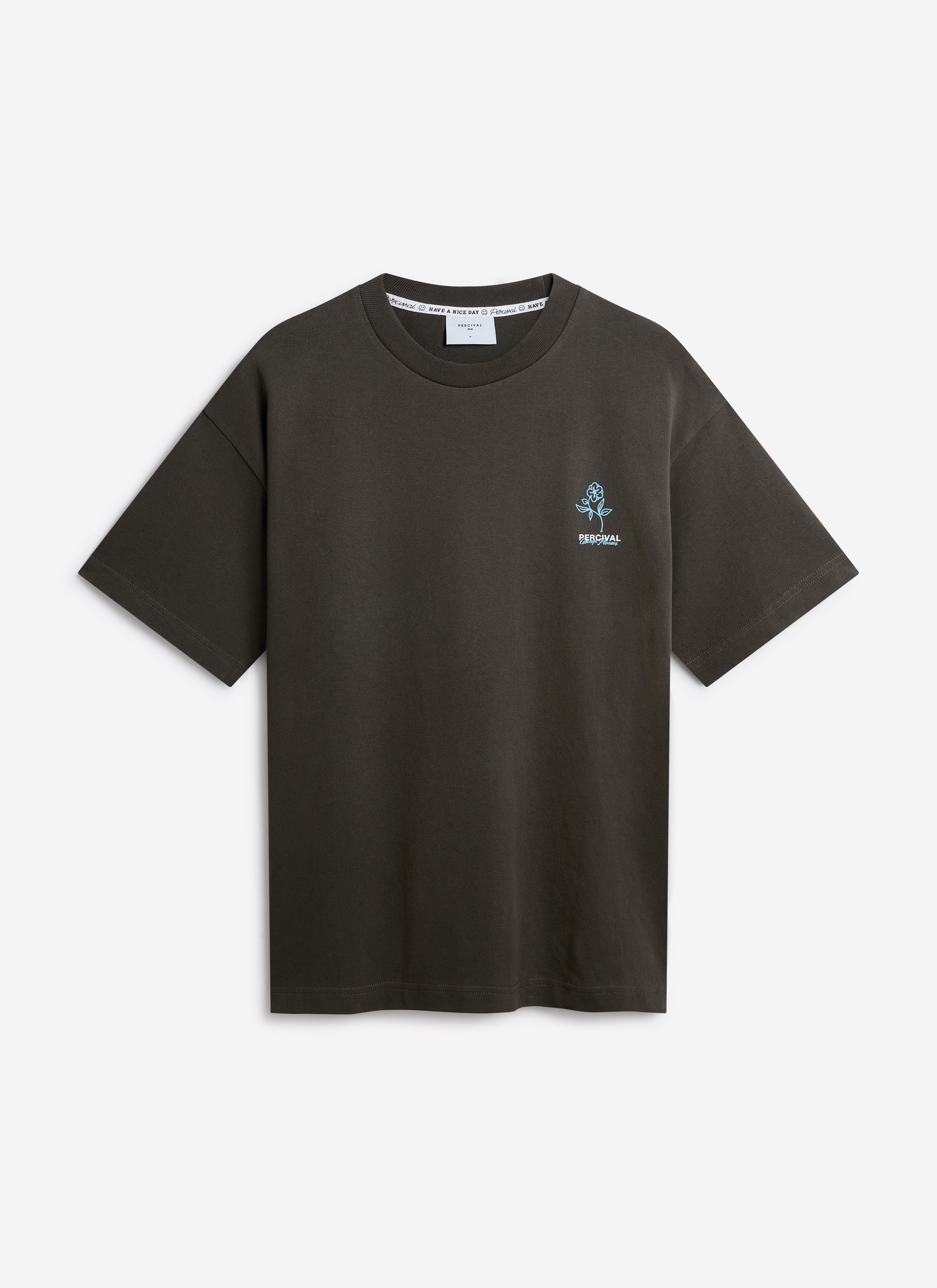Charcoal Percival oversized t-shirt in organic cotton featuring a small blue floral chest motif.