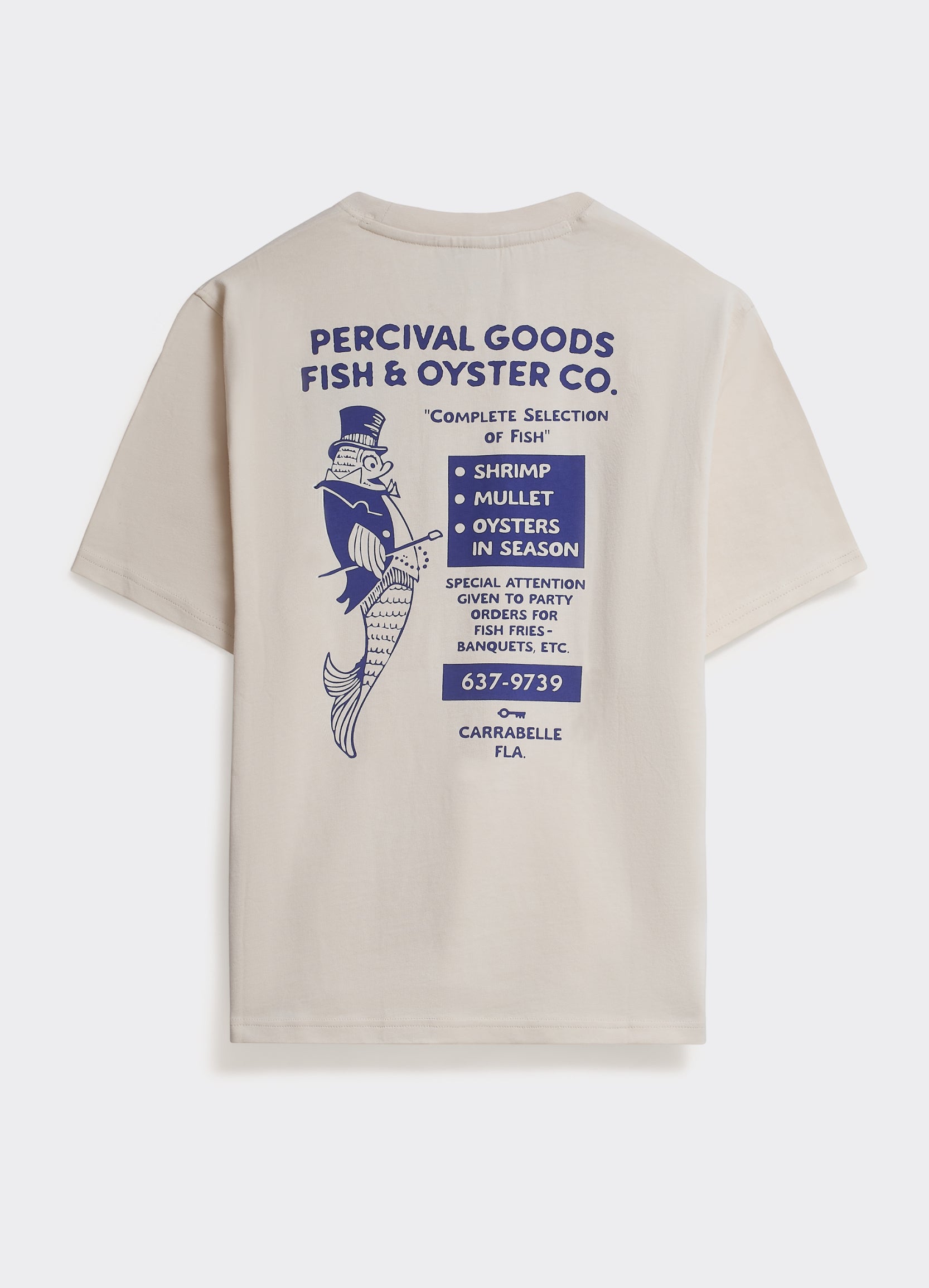 The back of the off white Percival Oyster T-shirt, featuring a blue vintage-inspired fish and seafood graphic print.