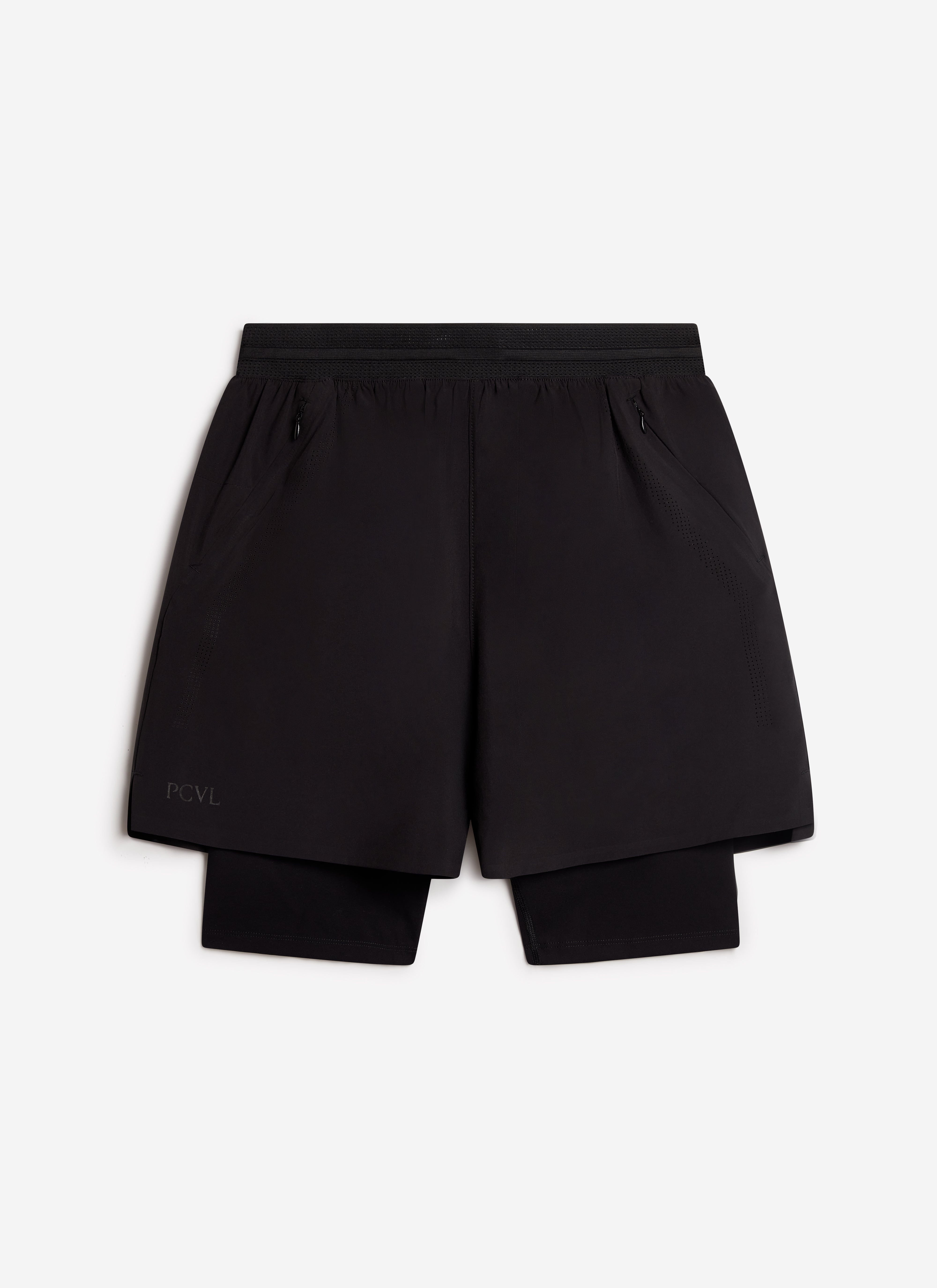 The Percival PCVL 2 in 1 performance shorts in black, laid flat to showcase the lightweight outer and supportive inner layer.