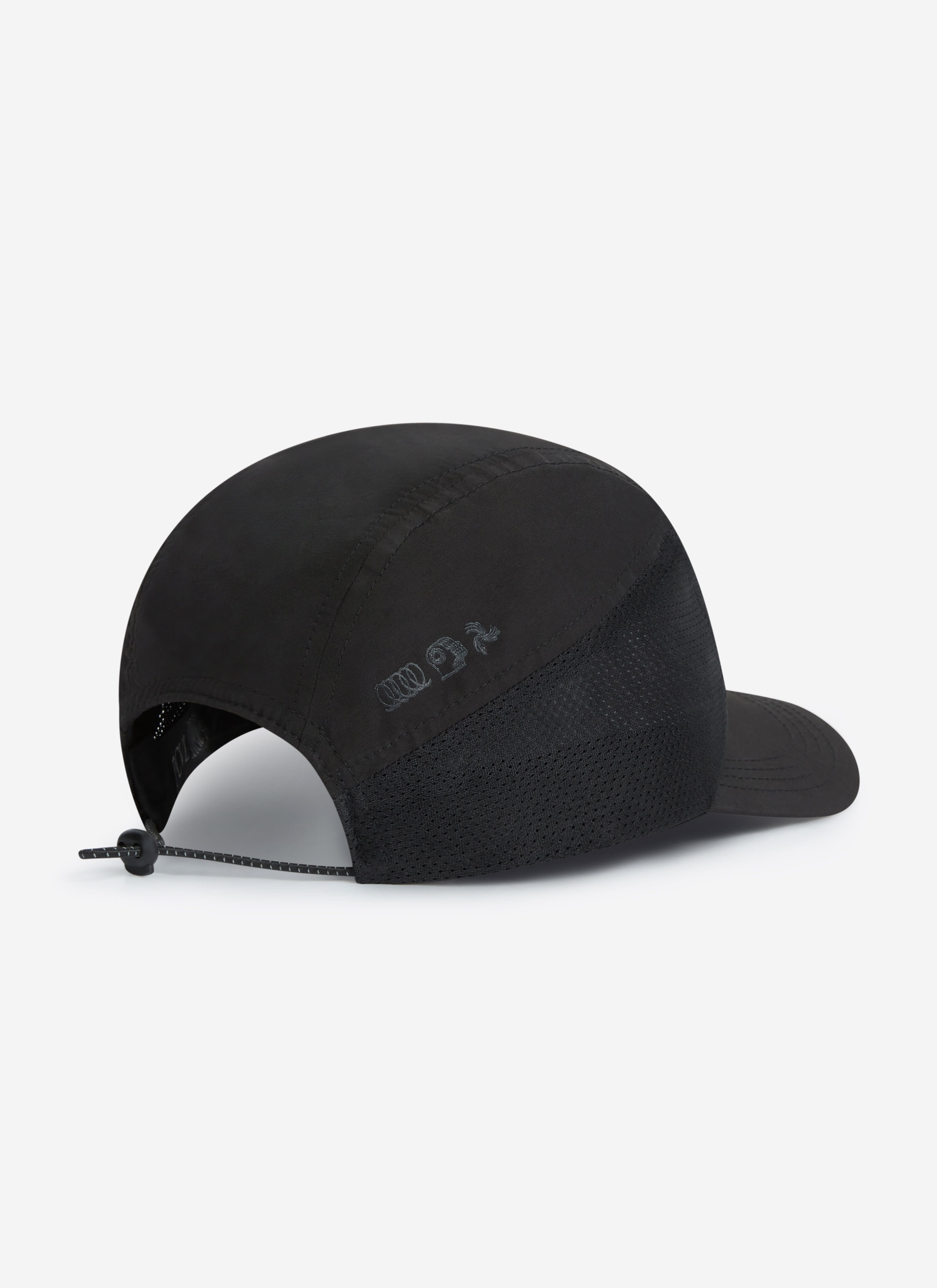 A side view of the Percival PCVL Nylon Cap in black, highlighting the performance mesh and toggle fastening.