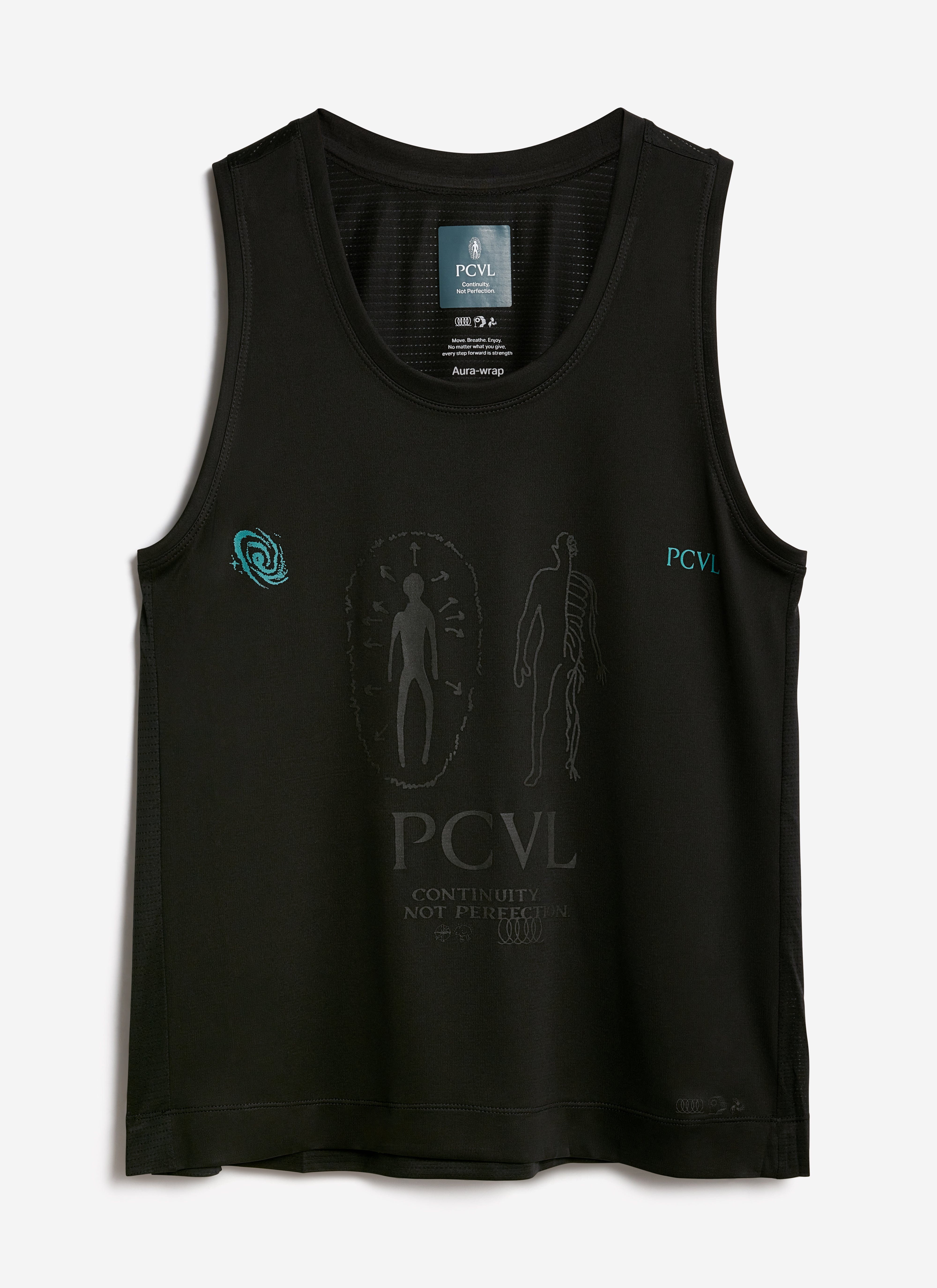 A flat lay of the black PCVL Technical Printed Performance Vest by Percival, showcasing the full graphic print on the front.