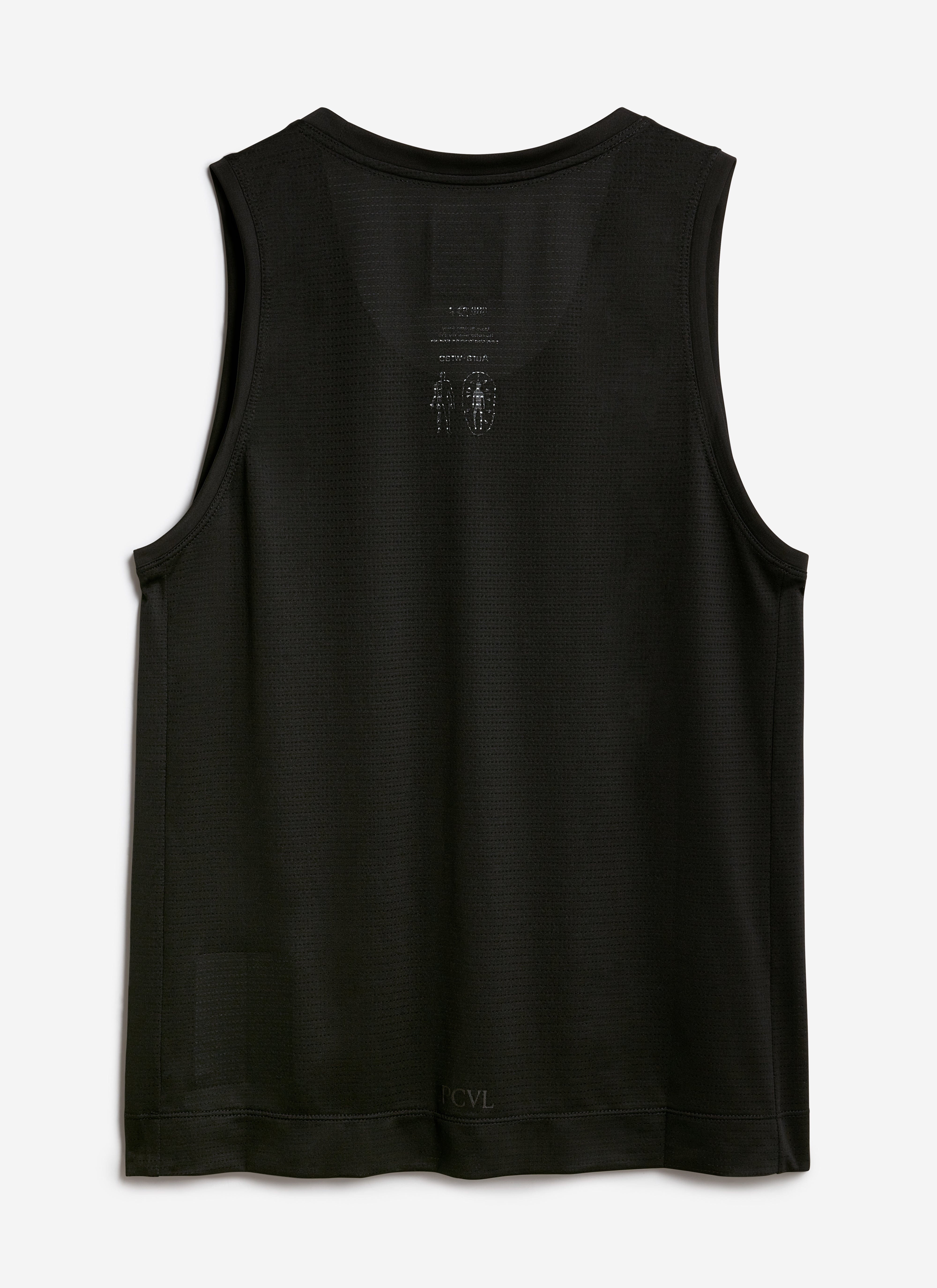 A flat lay showing the back of the black PCVL Technical Performance Vest by Percival, with tonal graphic and logo details.
