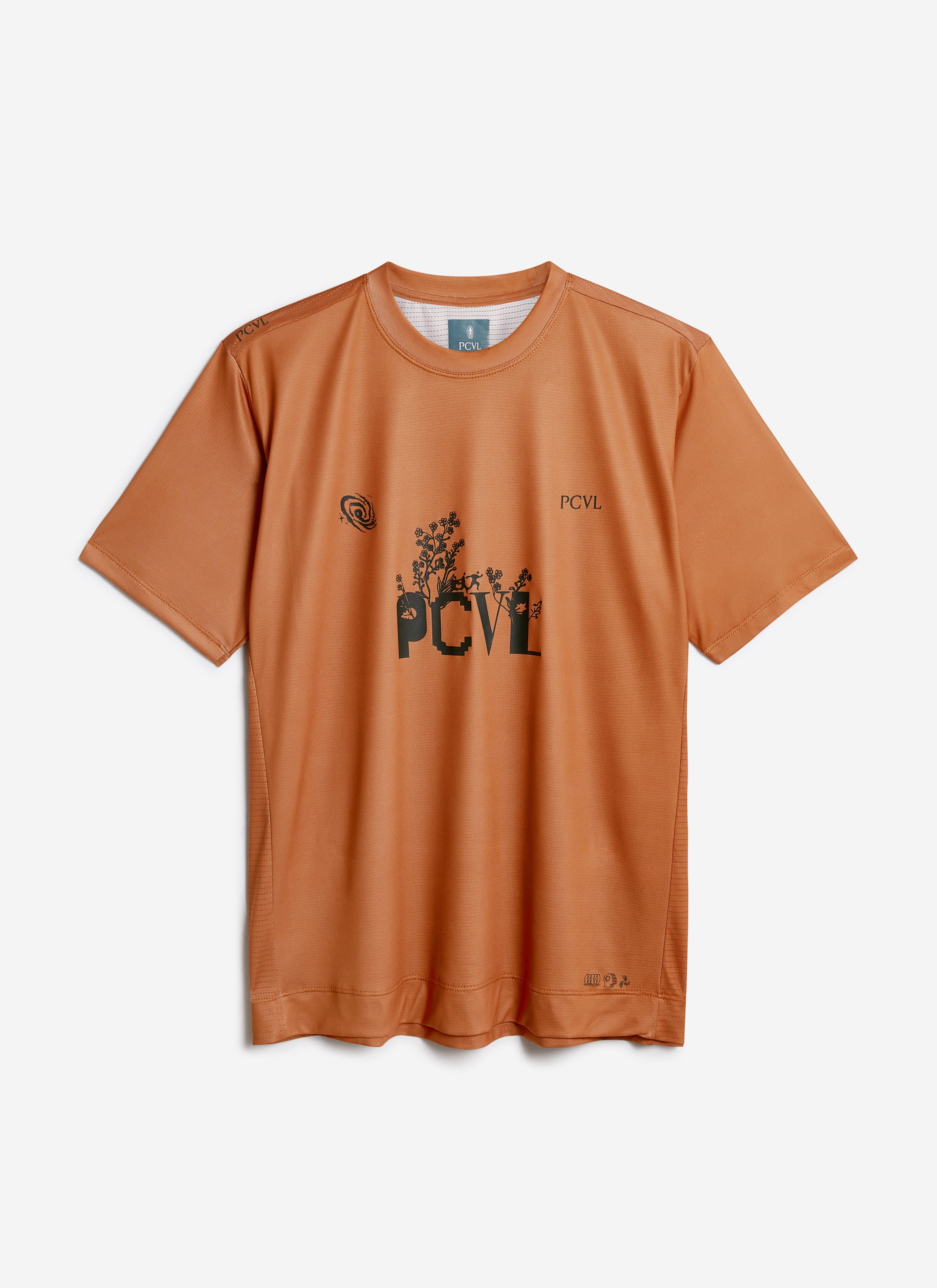 A flat lay of the Percival PCVL Printed Performance Top in rust, showing the black graphic artwork on the chest.