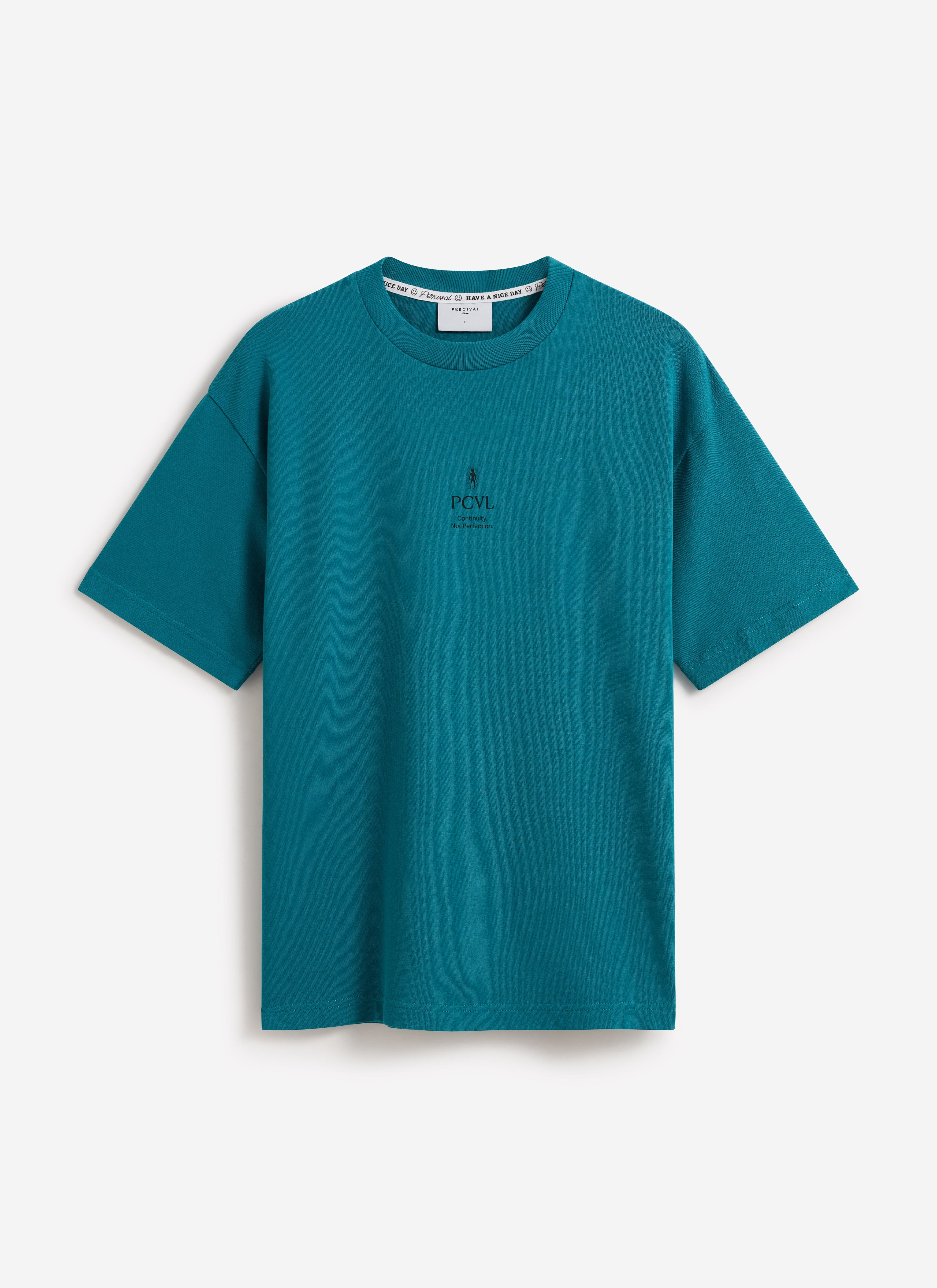 Front view of the blue Percival Aura Boxy Printed T Shirt, featuring a small PCVL chest graphic.