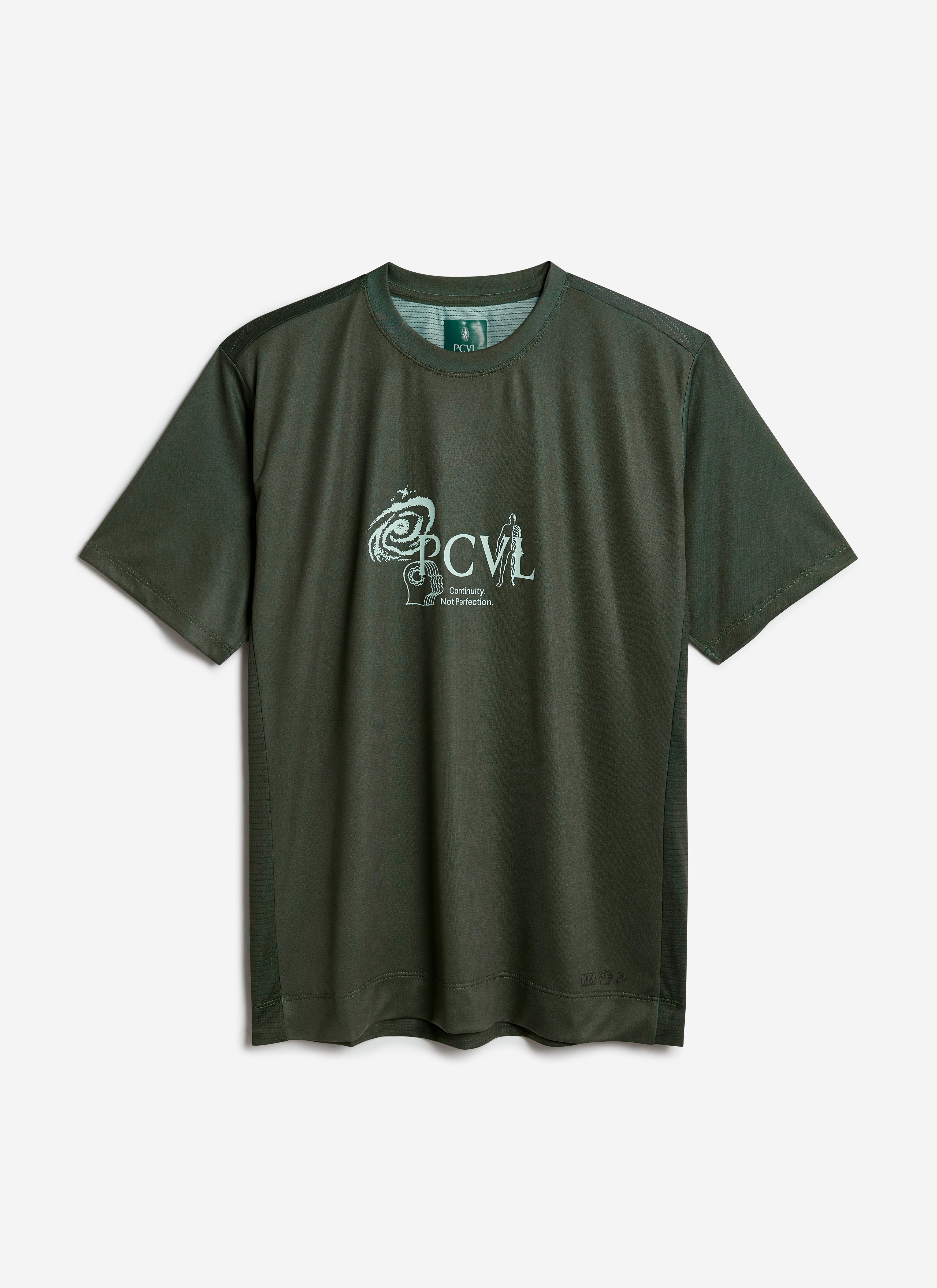 A flat lay of the Percival PCVL Printed Performance Top in forest green, showing the graphic print on the chest.