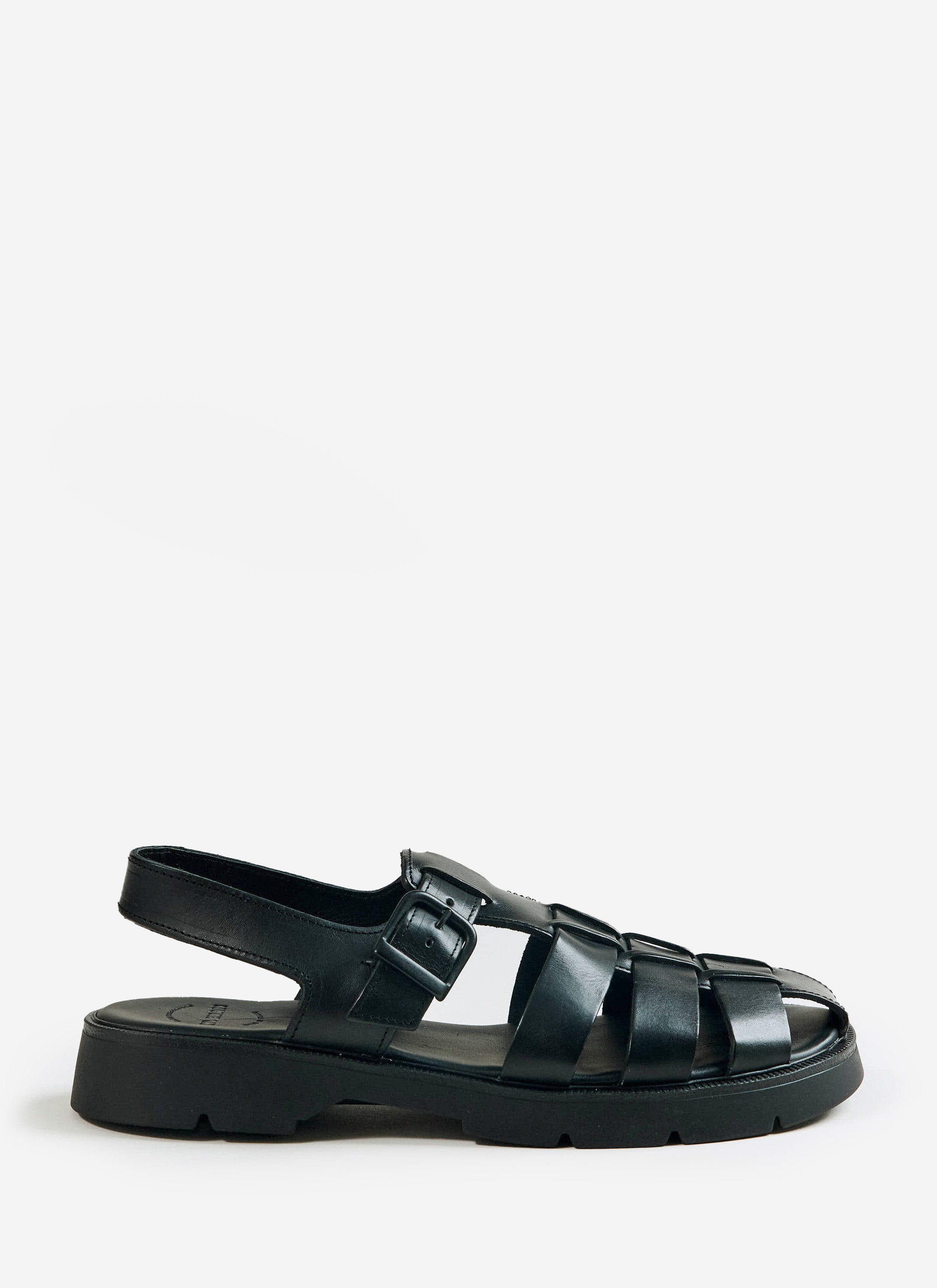 A side profile of the Kleman Babord VGT fisherman sandal in black leather with a rugged lug sole from Percival.