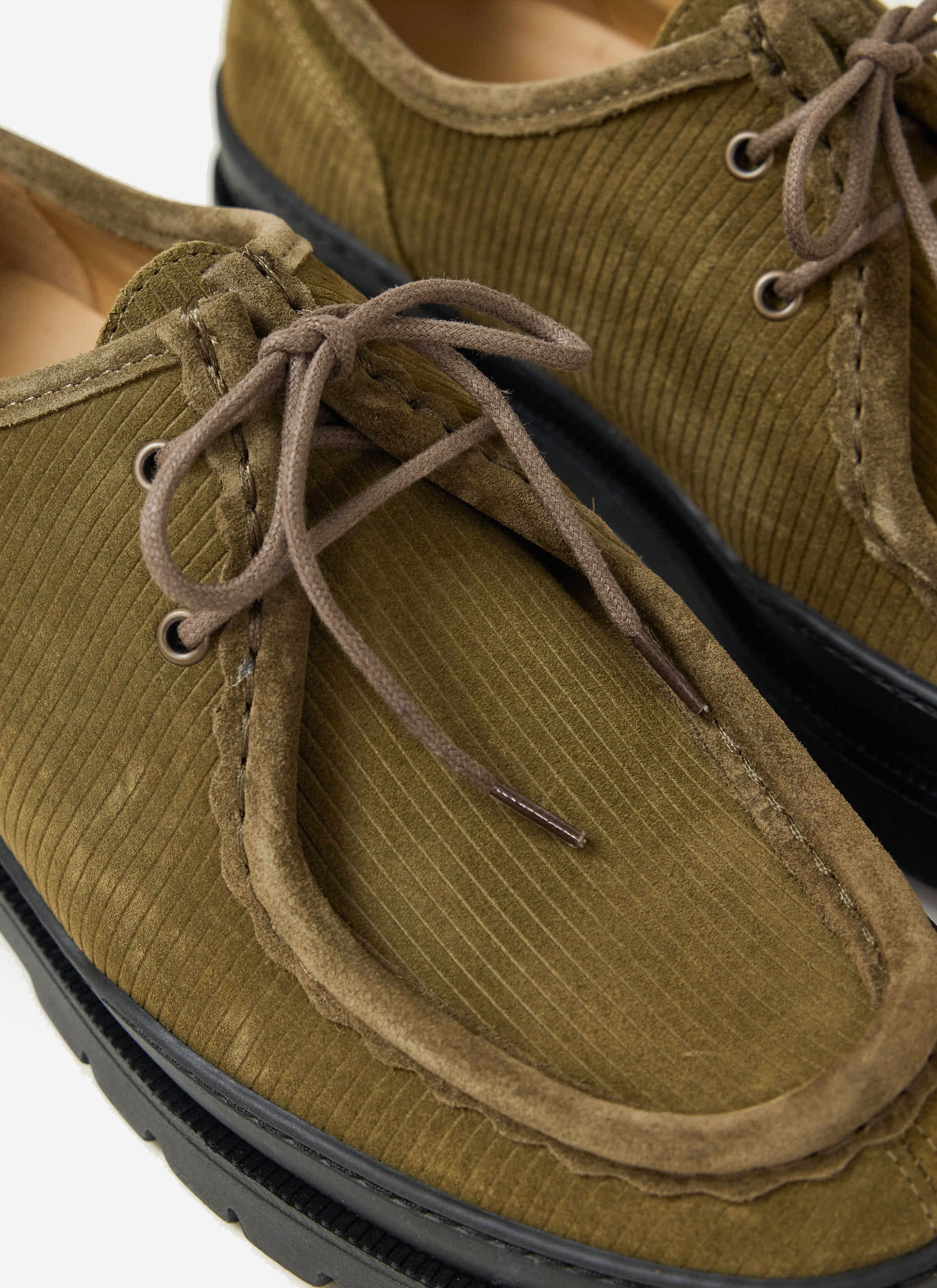 A close-up of the Percival x Kleman Major V Cord Shoe in khaki, highlighting its corduroy texture and lace detail.